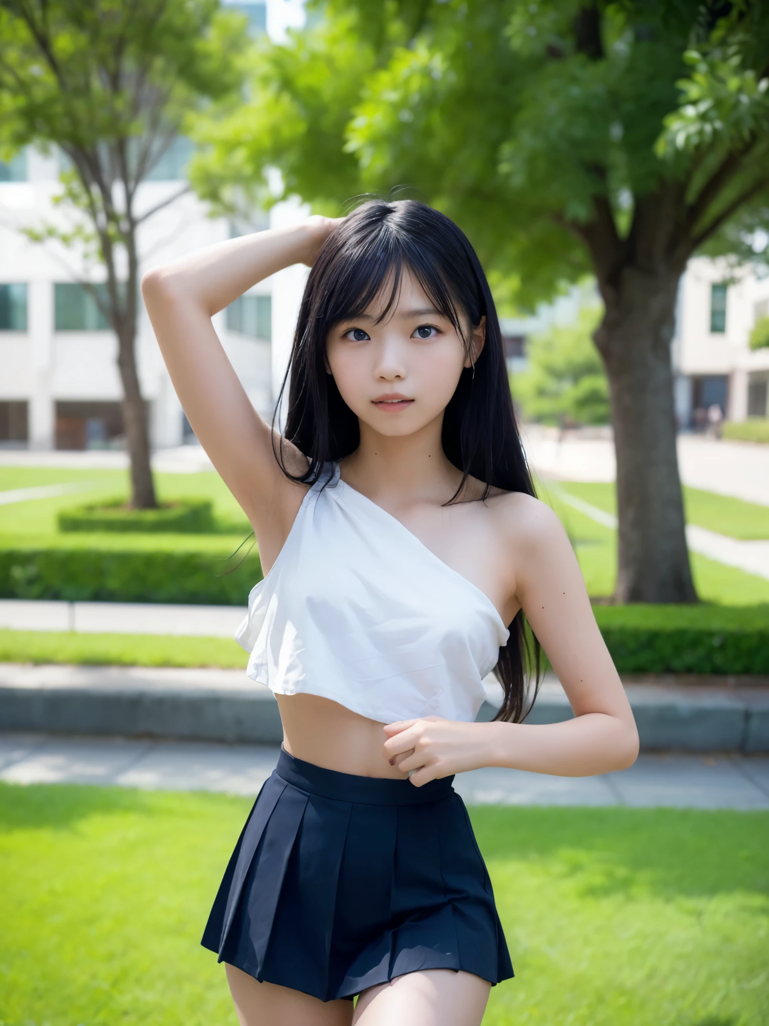 (masterpiece, highest quality:1.4), Award-winning portraits, 8k, 85mm, alone, Beautiful Face, Delicate girl,  (Cheerleader、On the grass), Sophisticated, cute, 15 years old, RAW Photos, Confused, High resolution, Sharp focus, Background Blur、(((flat  、thin and delicate body、Childish atmosphere)))、shiny semi-long hair、Mole on the left cheek、 Dark blue eyes、the skirt is swaying in the wind、Hair swaying in the wind、sexy、flexible legs、naked