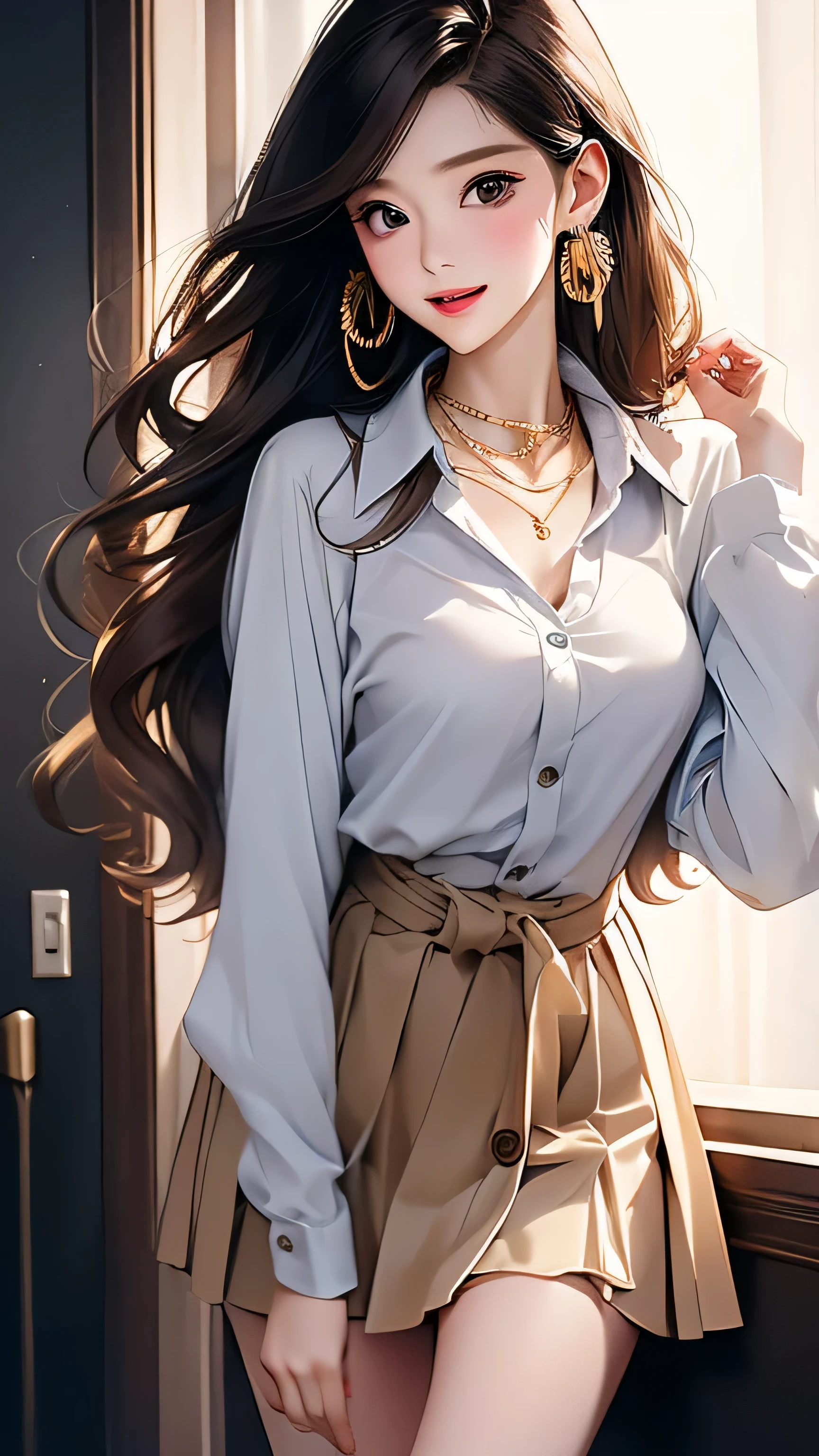Open chest、cardigan、Laughter、room、8k、Delicate face、Detailed face、Simple Background,Long straight hair_Hair reaching down to the waist、gold necklace_Large earrings、White long sleeve button up blouse_With collar_Remove up to the second button_Brown pleated mini skirt、