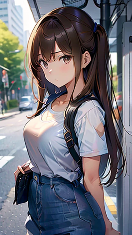 shiho Nishizumi,White T-shirt,Jacket,Blue jean jacket, Semi-long hair,Brown Hair,Black Eyes,Big Breasts, Confused expression,From the side,Urban area,In front of the bus stop,Smartphone in hand,Standing posture,At least one backpack, Beautiful image quality,slightly muscular,