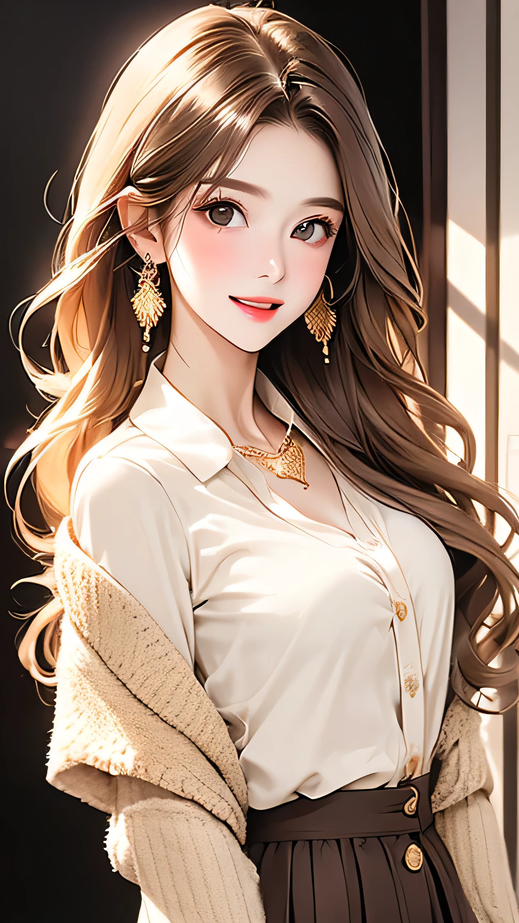 Open chest、cardigan、Laughter、room、8k、Delicate face、Detailed face、Simple Background,Long straight hair_Hair reaching down to the waist、gold necklace＿Large earrings、White long sleeve button up blouse_With collar_Remove up to the second button＿Brown pleated mini skirt、