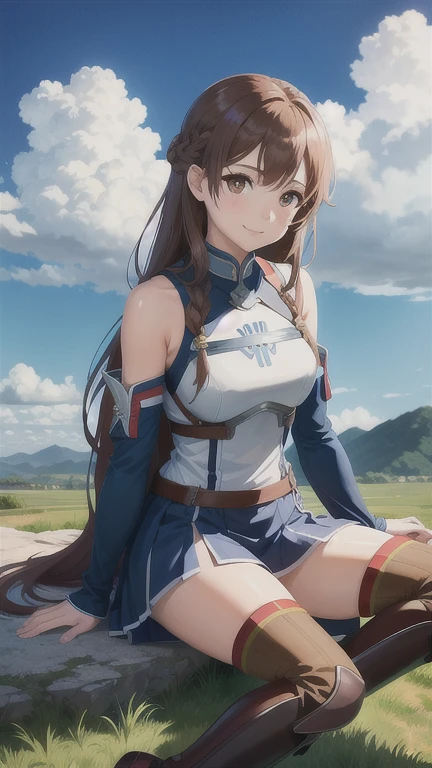 1girl, asuna_\(sao\), bangs, bare_shoulders, blue_sky, blush, boots, braid, breastplate, breasts, brown_eyes, closed_mouth, cloud, cloudy_sky, day, detached_sleeves, grass, hair_between_eyes, long_hair, looking_at_viewer, mountain, outdoors, rock, sitting, skirt, sky, smile, solo, thighhighs, very_long_hair