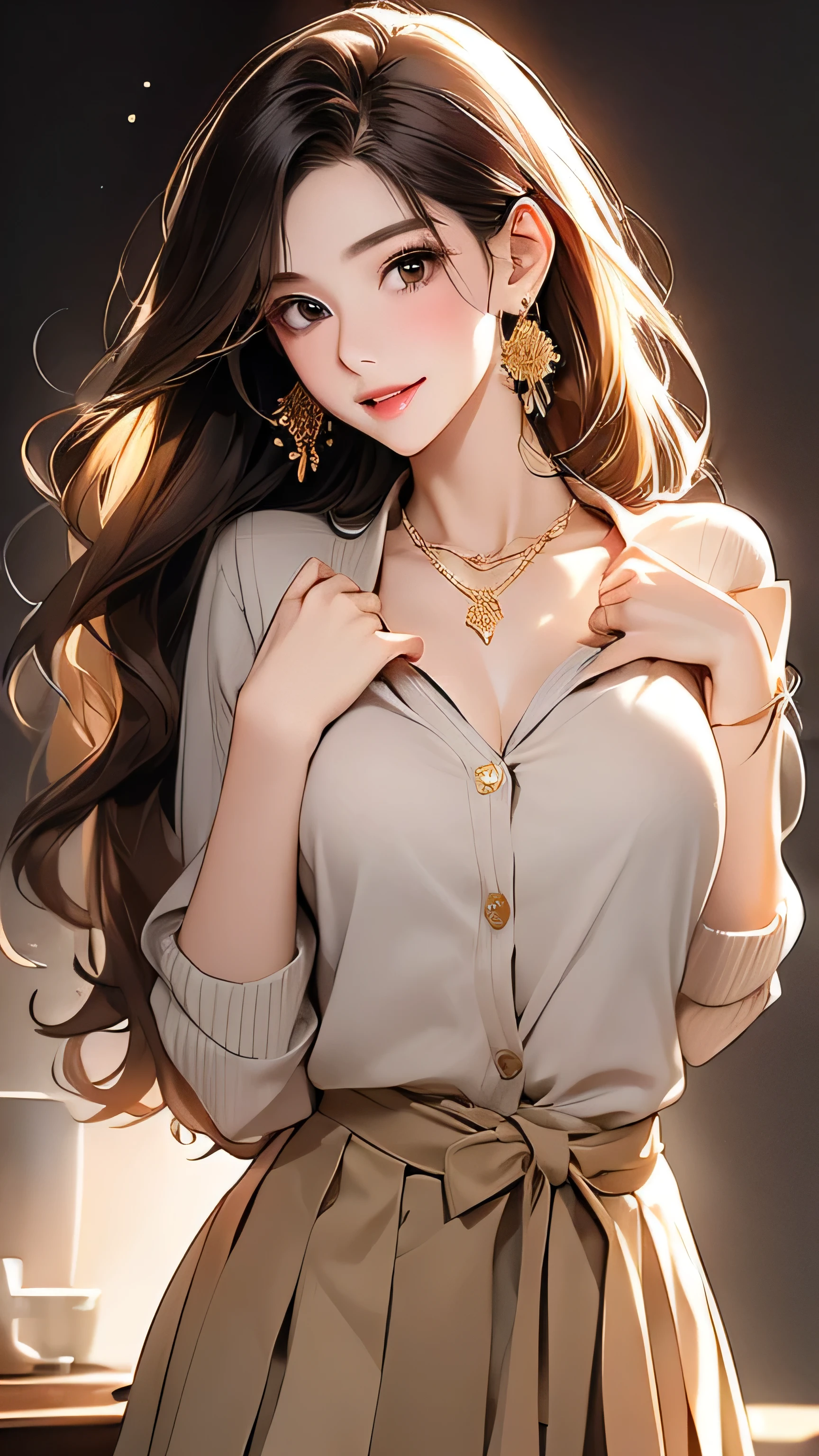 Open chest、cardigan、Laughter、room、8k、Delicate face、Detailed face、Simple Background,Long straight hair_Hair reaching down to the waist、gold necklace_Large earrings、White long sleeve button up blouse_With collar_Remove up to the second button_Brown pleated mini skirt、Place your left hand gently on your chin,right hand holding
