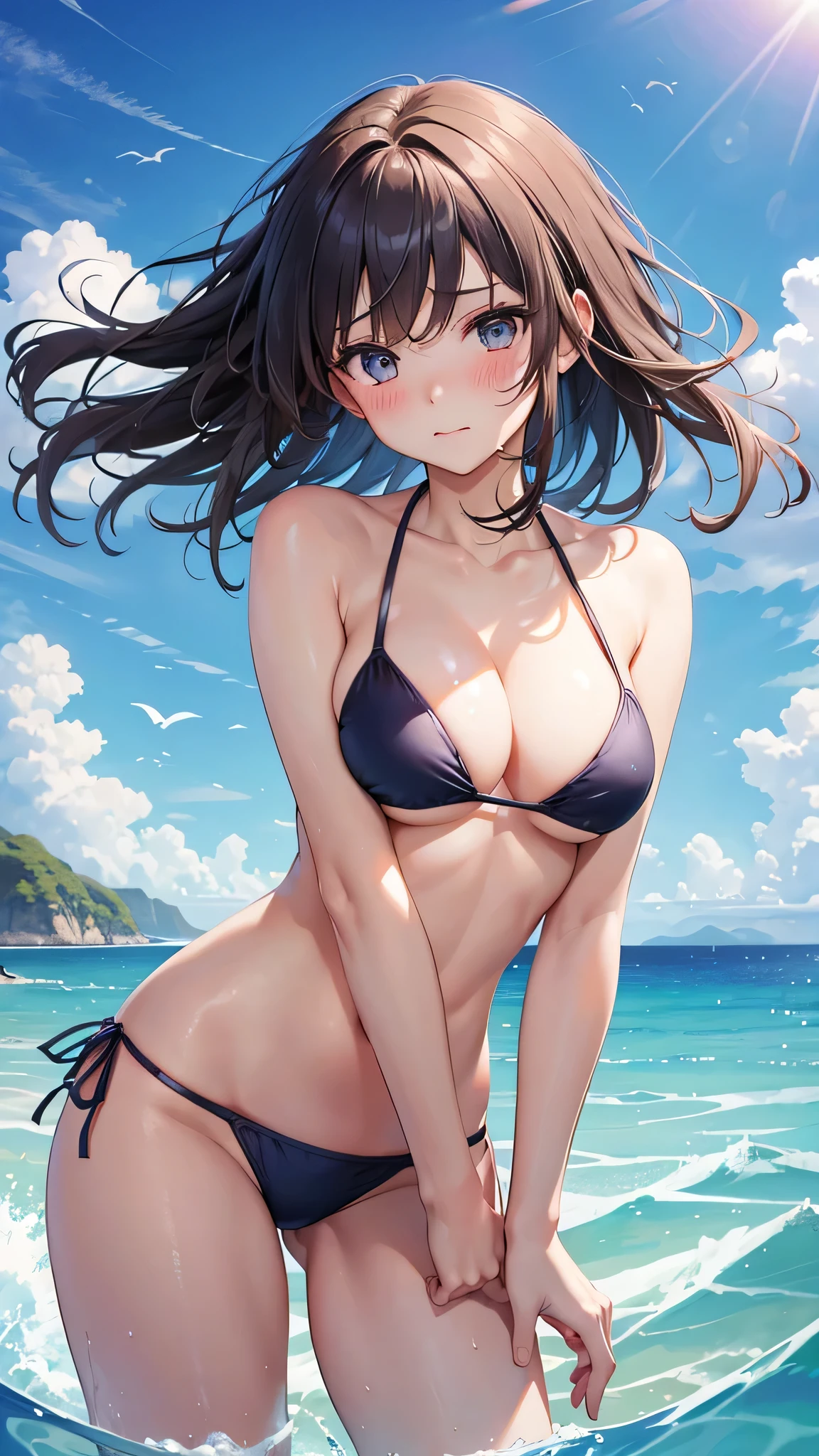 1 beautiful girl with a perfect body, medium and firm bust, hair and bikini rising due to strong wind, bikini untied, blushing, embarrassed expression