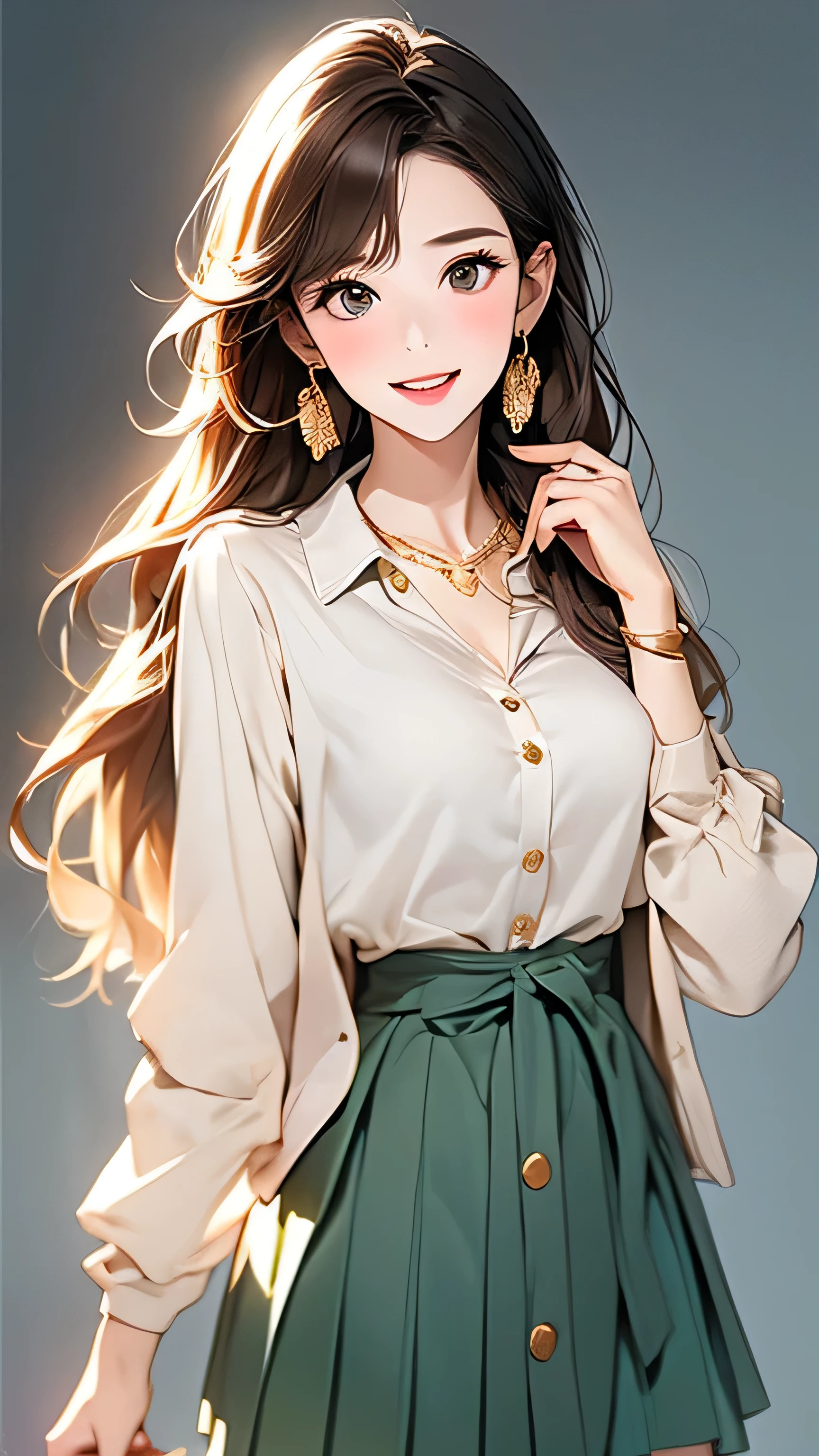 Open chest、cardigan、Laughter、room、8k、Delicate face、Detailed face、Simple Background,Long straight hair_Hair reaching down to the waist、gold necklace＿Large earrings、White long sleeve button up blouse_With collar_Remove up to the second button＿Brown pleated mini skirt、Place your left hand gently on your chin，right hand holding 