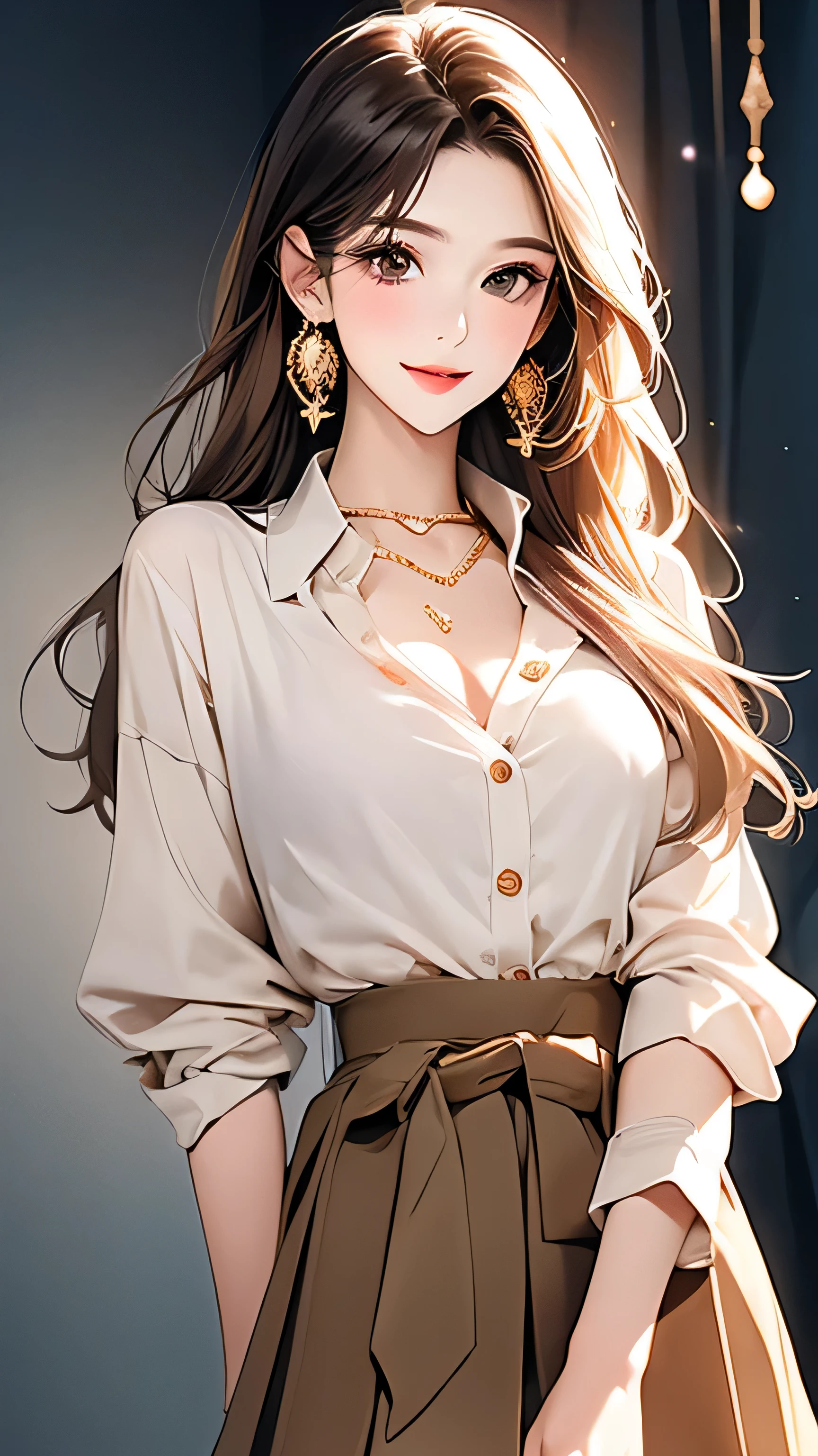 Open chest、cardigan、Laughter、room、8k、Delicate face、Detailed face、Simple Background,Long straight hair_Hair reaching down to the waist、gold necklace_Large earrings、White long sleeve button up blouse_With collar_Remove up to the second button_Brown pleated mini skirt、Place your left hand gently on your chin,right hand holding、full figure supermodel standing, entire body in frame,((Lying in a luxurious hotel bed:1.3)),