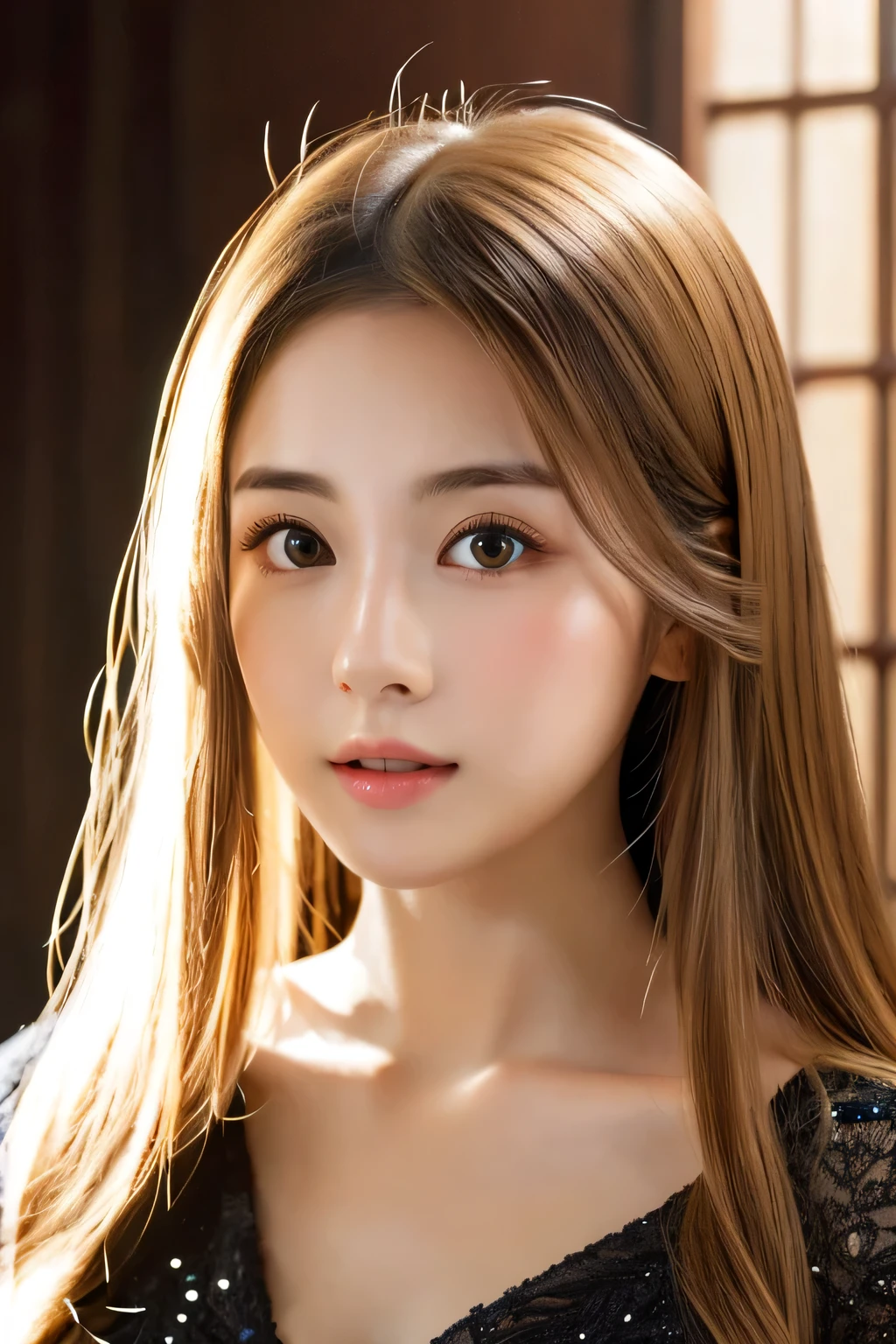 (((8k,Very detailed,Attention to detail、highest quality,masterpiece,Attention to detail))),RAW Photos & Realistic atmosphere,Professional Lighting,Beautiful dark eyes,Glossy lips,beautiful黒い Eyes,White skin、Deep black eyes,とてもBeautiful face,とてもBeautiful face、Beautiful face,beautiful, Glossy lips,beautiful Eyebrows,Realistic Skin, Realistic Young Gravure Idol,Very cute woman , Young Gravure Idol, Young Gravure Idol, とても美しくてかわいいbeautiful 21 year old beauty,Incredibly beautiful and elegant,beautiful 21 year old beauty,Natural soft light,(Shiny Hair,,beautiful and kind eyes:1.5),Gentle features,Shapely breasts,Long Hair,beautiful posture,No makeup,Looking into the camera,Japanese women,