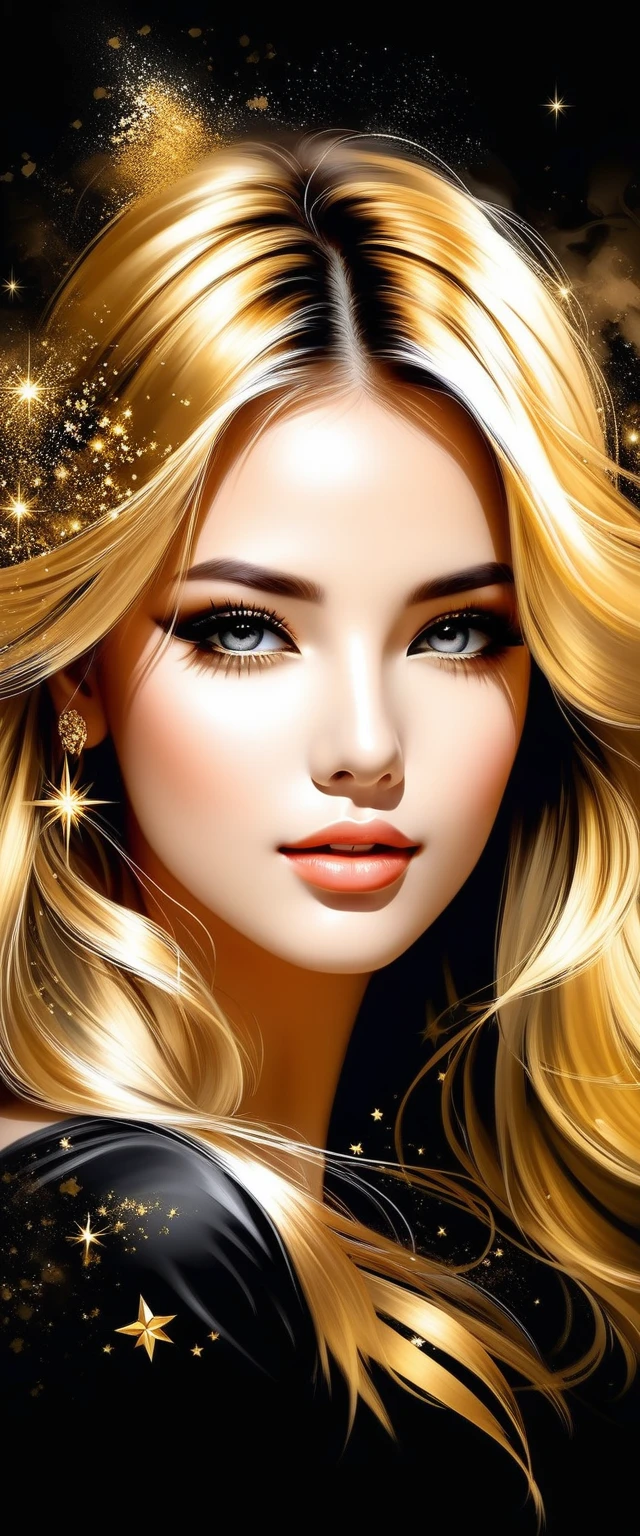Gorgeous and hot Female face drawing with charcoal, long gold hair, Pino Daeni style.
golden patterns, golden and black spirit, liquid gold explosion, golden smoke magic, star dust, golden milky way, (black background), magic fog, alcohol ink,