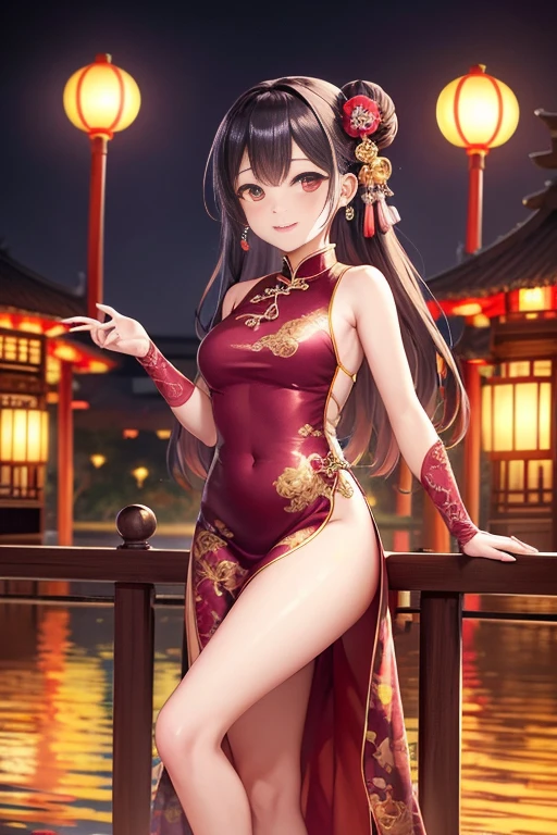 best quality,official art,Extremely detailed CG unified 8k wallpaper, (Wide-angle lens),1 girl, (Meiyu Edelfeldt),,black hair,brown eyes,seductive smile,National Science Foundation, barefoot, see through dress, Butterfly, Butterfly hair accessories, backless dress, Chinese clothes,sleeveless, twice as good,Golden dragon pattern,barefoot,full moon,Elbow gloves,bun, hair accessories,jewelry,earrings,Bead Anklet,thin legs,nail polish, medium breasts, alone, toenail polish, toe armor, toe, Double tail,outdoor,Chinese style architecture, Chinese style, lake, ancient town, Beautiful and detailed water,red lantern,fireworks,