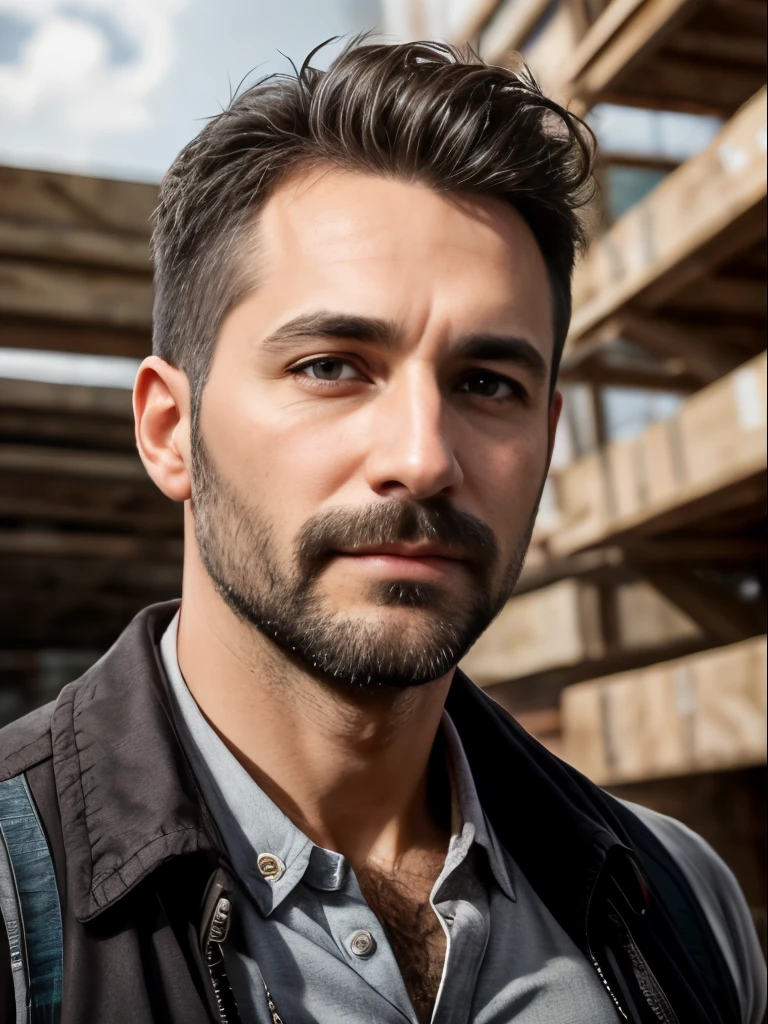 masterpiece, best quality, high resolution, closeup portrait, male focus, solo focus, A man, 40 years old, with construction worker uniform, unbuttoned work clothes, construction worker, silver grey hair, messy hairstyle, cute and seductive face, bare chest, body hair, facial hair, roman nose, very skinny body, hairy legs, dimples, beard, bold jawline , in the background a construction site, orange vest, gay , scruffy, erotic, view from below, amazing composition, front view, HDR, ultra quality, elegant, highly detailed, middle part hair