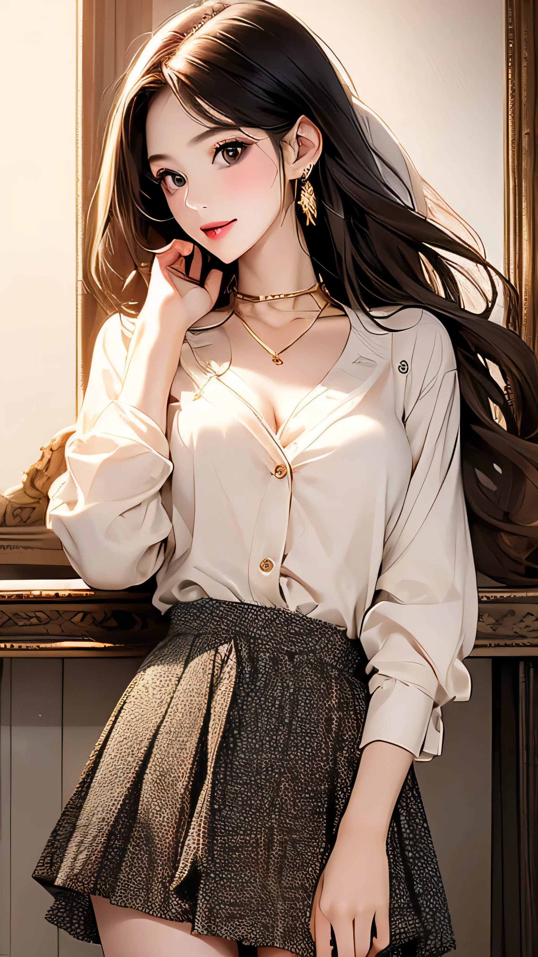 Open chest、cardigan、Laughter、room、8k、Delicate face、Detailed face、Simple Background,Long straight hair_Hair reaching down to the waist、gold necklace_Large earrings、White long sleeve button up blouse_With collar_Remove up to the second button_Brown pleated mini skirt、Place your left hand gently on your chin,right hand holding、full figure supermodel standing, entire body in frame、