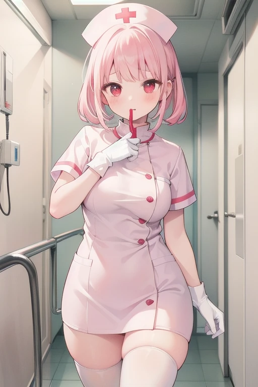 1girl, solo, nurse, nurse cap, white wear, ((white legwear, zettai ryouiki)), white gloves, pink hair,  drooping eyes, ((covered nose)), standing, ((hospital room)), sharp outline, short sleeves, best quality, masterpiece，Fleshy，Red eyes，Fleshy