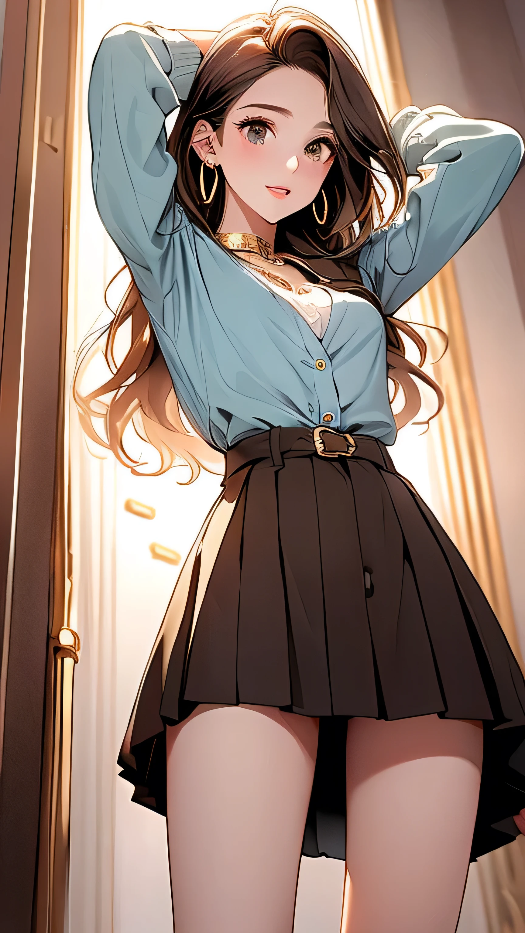Open chest、cardigan、Laughter、room、8k、Delicate face、Detailed face、Simple Background,Long straight hair_Hair reaching down to the waist、gold necklace＿Large earrings、White long sleeve button up blouse_With collar_Remove up to the second button＿Brown pleated mini skirt、Place your left hand gently on your chin，right hand holding、full figure supermodel standing, entire body in frame、((arms up:1.3)),((look down at the viewer,from below:1.5)),