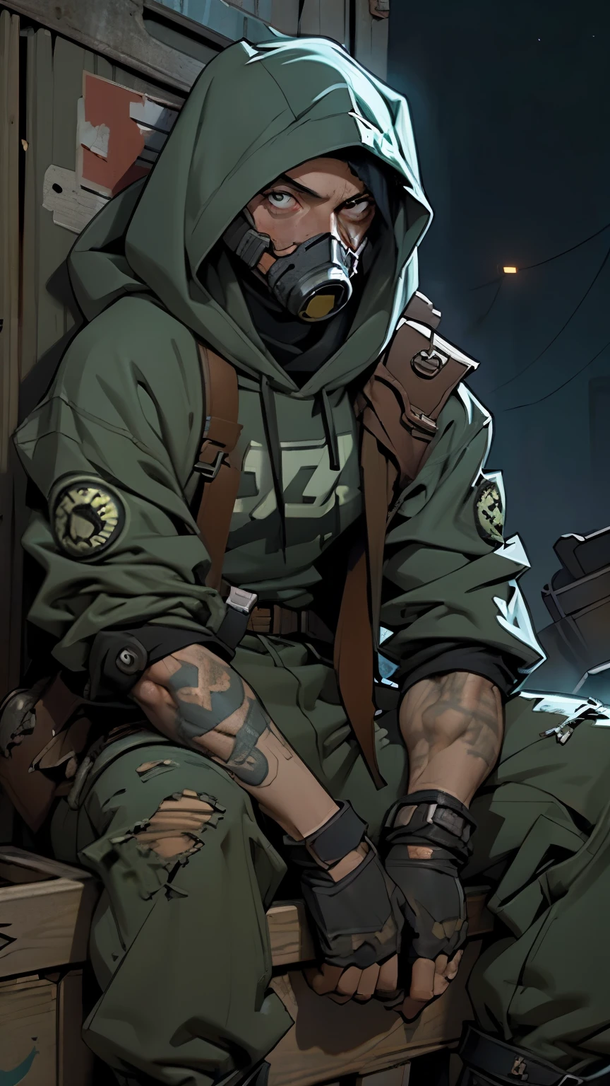 draw 26 year old male, black gas mask covering face, sitting on a crate, black post apocalyptic clothes dirty, ripped clothes, baggy clothes, hood over head, clothes has straps and gadgets, background is busy faded out settlement, nighttime, dusty,l arge hood over head, cannot see hair, pale skin, no tattoos,