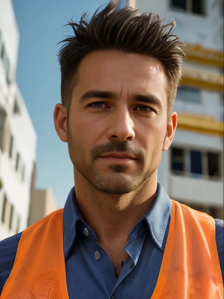 masterpiece, best quality, high resolution, closeup portrait, male focus, solo focus, A man, 40 years old, with construction worker uniform, unbuttoned work clothes, construction worker, silver grey hair, messy hairstyle, cute and seductive face, bare chest, body hair, facial hair, roman nose, very skinny body, hairy legs, dimples, beard, bold jawline , in the background a construction site, orange vest, gay , scruffy, erotic, view from below, amazing composition, front view, HDR, ultra quality, elegant, highly detailed, middle part hair