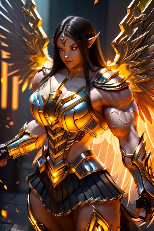 ((((Massive, beautiful, buff, light brown skinned muscular dark angel woman with black hair, black lipstick, glowing orange eyes, huge black angel wings, ginormous bulky muscles and wearing a beautiful black angel futuristic armor with pleated skirt)))), {close view}, massive muscles, massive biceps, hyper muscle shoulders, massive muscle arms, vascular shoulders, hyper muscle triceps, huge angel wings, (long straight hair), pleated skirt, orange eyes, choker, angel gauntlets, on top of a dark skyscraper in a burning City, confidant smile, hyper muscles arms, hyper muscle legs, (massive arms).