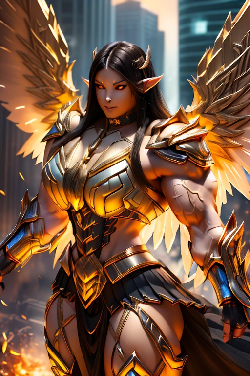 ((((Massive, beautiful, buff, light brown skinned muscular dark angel woman with black hair, black lipstick, glowing orange eyes, huge black angel wings, ginormous bulky muscles and wearing a beautiful black angel futuristic armor with pleated skirt)))), {close view}, massive muscles, massive biceps, hyper muscle shoulders, massive muscle arms, vascular shoulders, hyper muscle triceps, huge angel wings, (long straight hair), pleated skirt, orange eyes, choker, angel gauntlets, on top of a dark skyscraper in a burning City, confidant smile, hyper muscles arms, hyper muscle legs, (massive arms).