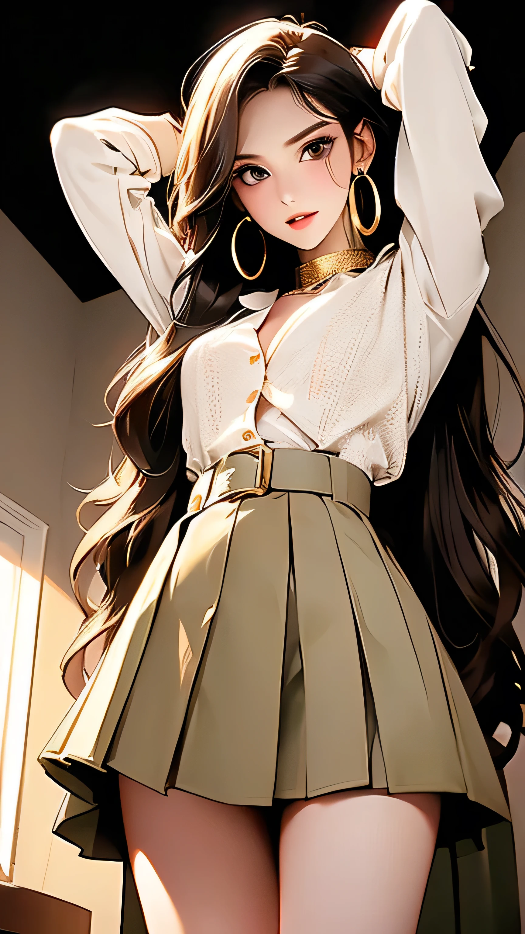 Open chest、cardigan、Laughter、room、8k、Delicate face、Detailed face、Simple Background,Long straight hair_Hair reaching down to the waist、gold necklace_Large earrings、White long sleeve button up blouse_With collar_Remove up to the second button_Brown pleated mini skirt、Place your left hand gently on your chin,right hand holding、full figure supermodel standing, entire body in frame、((arms up:1.3)),((look down at the viewer,from below:1.5)),((The expression on your face when you feel intense caress, Facial expression when feeling pleasure:1.3)),