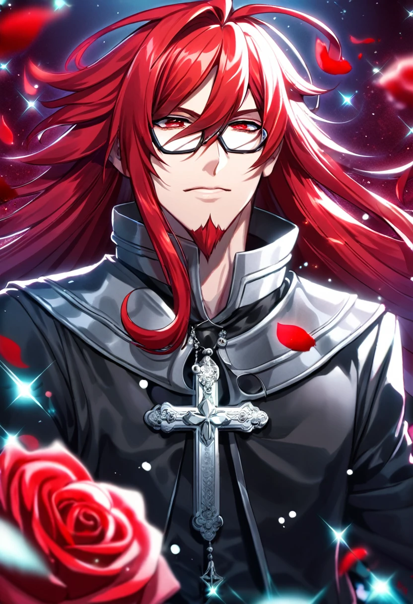 absurdres, highres, ultra detailed, HDR, master piece, best quality, Marian Cross, red long hair, hair between the eyes, with bangs, expressive red eyes, D.Gray-man, glasses, goatee colored red, solo, sexy man, handsome, black clothes, magical, fantasy, red background, red roses, shining, red petals, red glittering fireflies