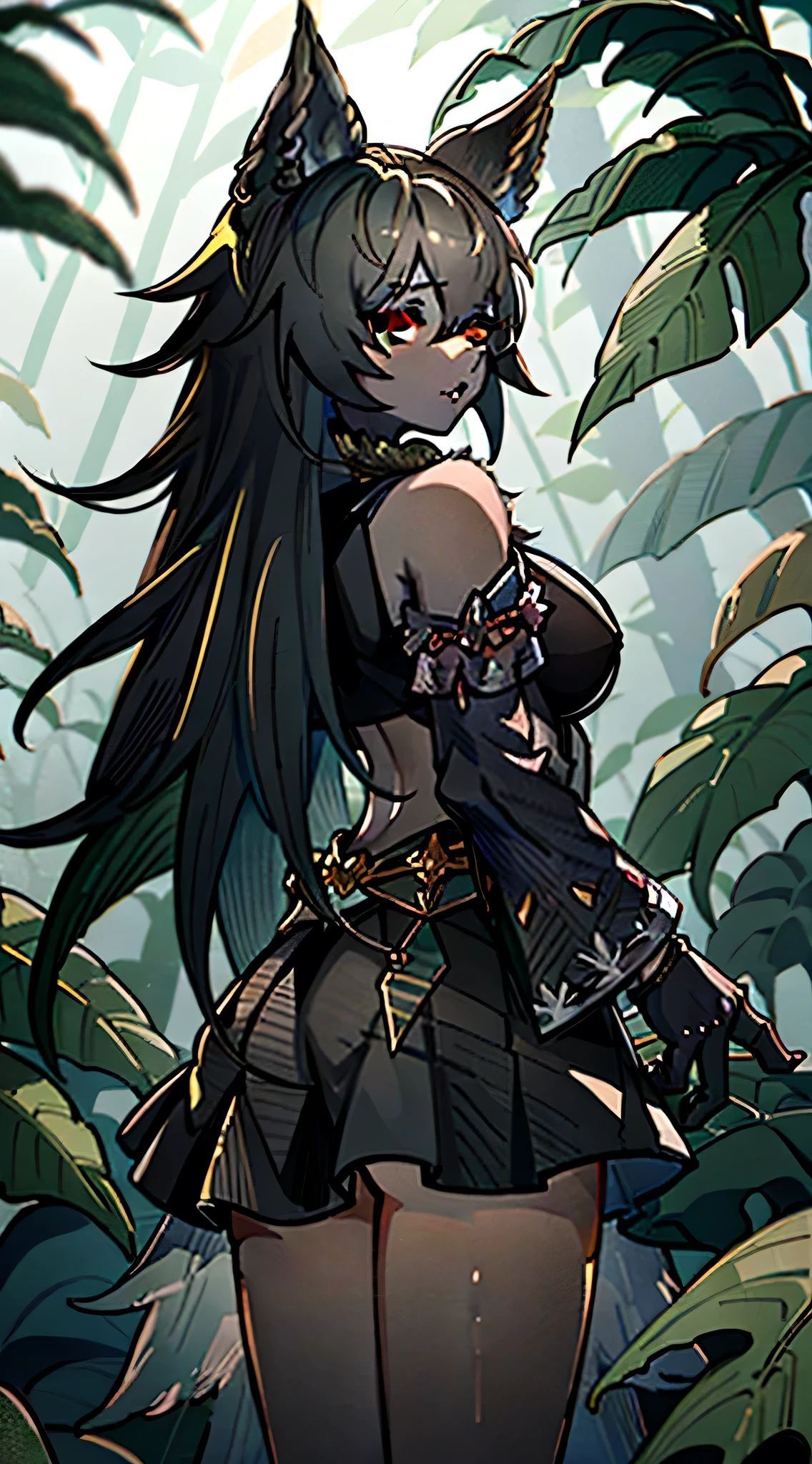 A furry wolf woman features human. Her fur is a mix of brown and black, giving her an almost realistic appearance. It has pointed ears that stand erect on its head, adorned with a skirt made of leaves suggesting a guardian of the forest, it is fierce with its sharp claws;