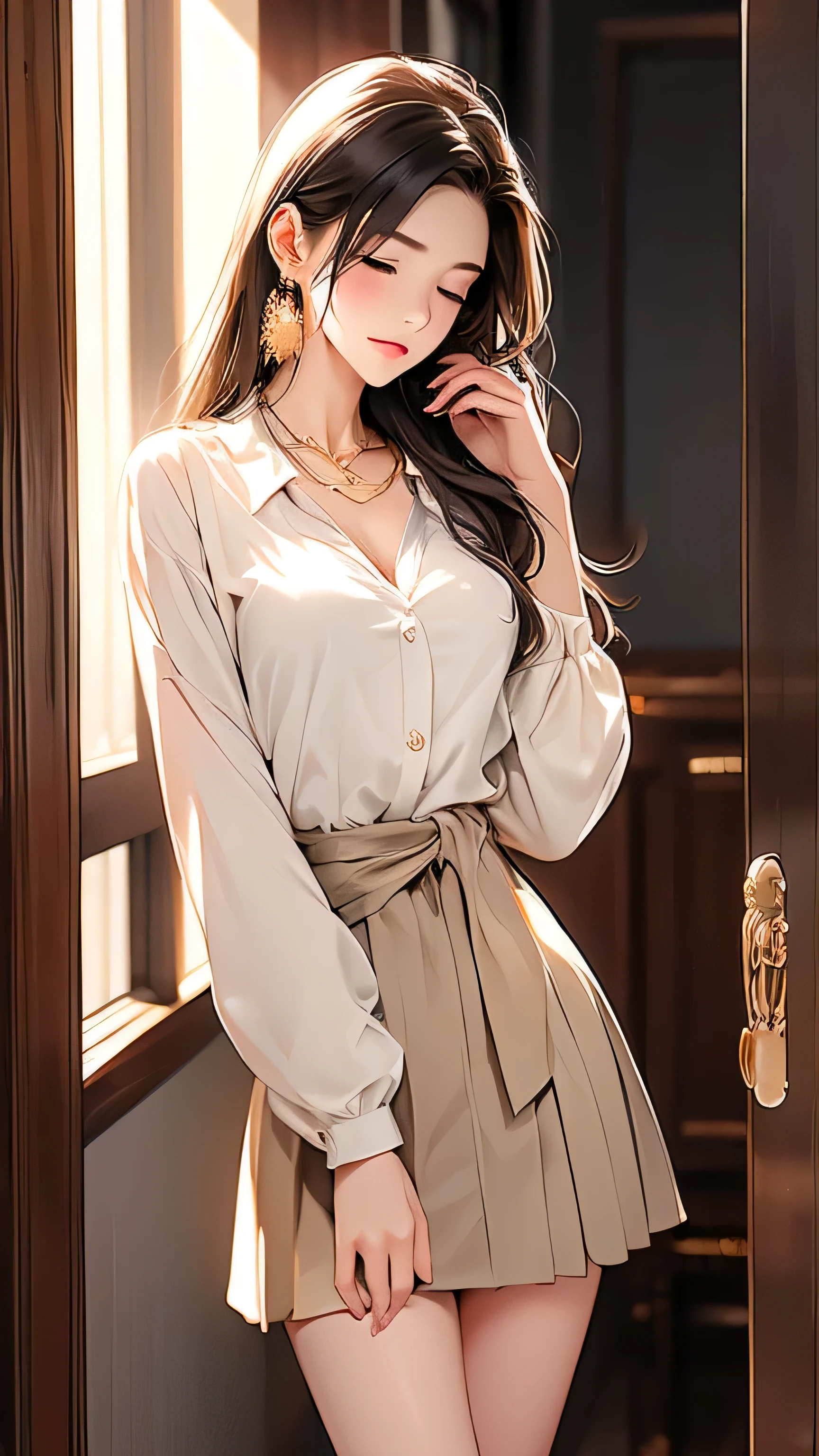 Open chest、cardigan、Laughter、room、8k、Delicate face、Detailed face、Simple Background,Long straight hair_Hair reaching down to the waist、gold necklace_Large earrings、White long sleeve button up blouse_With collar_Remove up to the second button_Brown pleated mini skirt、Place your left hand gently on your chin,right hand holding、full figure supermodel standing, entire body in frame、((close her eyes,Furrow her brow deeply、Sad expression with head bowed:1.3)),