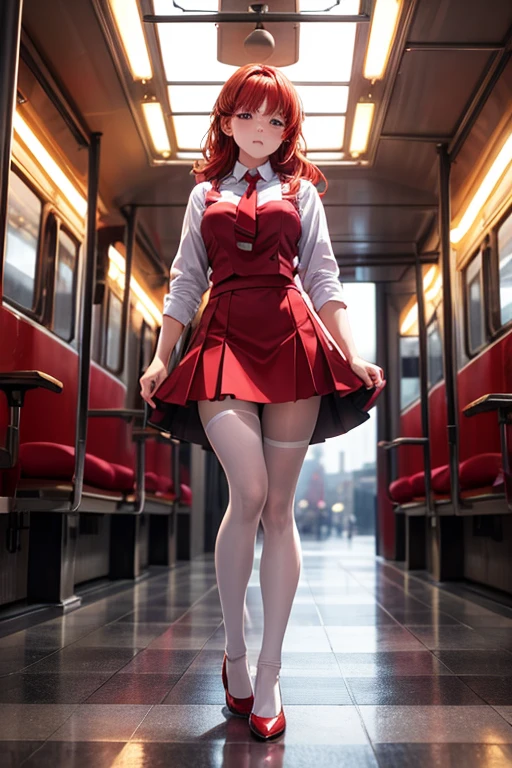 Create detailed image of full-bodied, red-haired woman, white shirt, short red tie, black skirt, tights, red heels, all miy realistic, illuminated and colorful with an antique train in the background