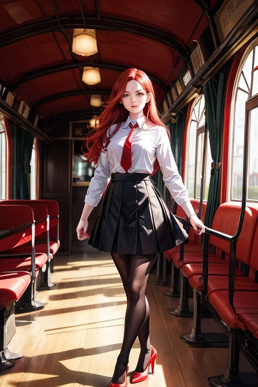 Create detailed image of full-bodied, red-haired woman, white shirt, short red tie, black skirt, tights, red heels, all miy realistic, illuminated and colorful with an antique train in the background