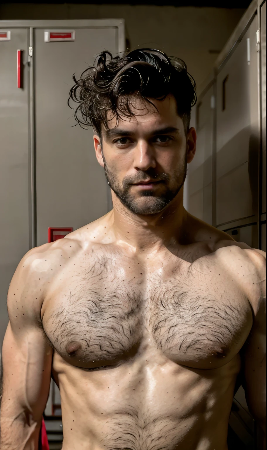 Masterpiece, amazing photography, very detailed, Two men pictured a thin man next to his sexy muscular 45-year-old teacher, white grey hair, together in the school locker room; old man grey white hair, man, is submissive, of short size, sexual tension, horny, erect bulge, without clothing, messy hair, brown skin, face, full body, body with hair on chest, thin and weak body, hairy only in lower part; on the other hand, the 45-year-old professor, muscular body, large pectorals, tall, dominant, without clothing very short and straight black hair, Caucasian or white skin, face, full body, lots and lots of hair on chest, small beard of a day, hairy in the lower part; highly detailed skin, skin pores, school clothing, sunny weather, steam, showers, 8k uhd, dslr, dim lighting, high quality, film grain