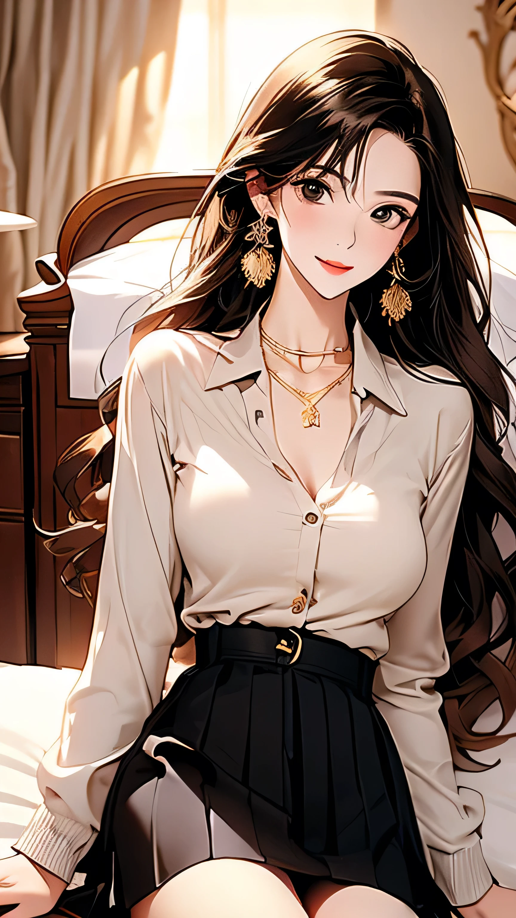 Open chest、cardigan、Laughter、room、8k、Delicate face、Detailed face、Simple Background,Long straight hair_Hair reaching down to the waist、gold necklace_Large earrings、White long sleeve button up blouse_With collar_Remove up to the second button_Brown pleated mini skirt、Place your left hand gently on your chin,right hand holding、full figure supermodel standing, entire body in frame,((Lying in a luxurious hotel bed:1.3)),