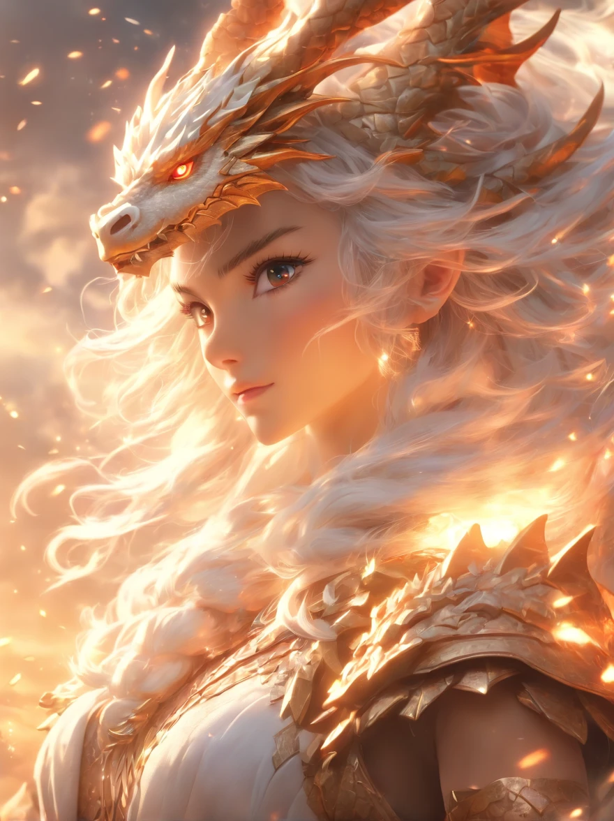(((masterpiece, best quality, 8k)))Design a layout showcase Fantasy character, (1girl), ((mounted on a dragon)). Beautiful armor, wielding a spear, long white hair, wearing a tiara. ((detailed dragon:1.4)), white dragon, full of intricate details. (masterpiece:1.3), (best quality), 4k, ultra-detailed. (Dynamic pose, heroic stance:1.5), (dramatic lighting, atmospheric lighting). warrior, ((tiara:1.2)), (((long white hair:1.4))), spear, (((full_body_shot:1.5))). In a mystical landscape, high in the sky, with clouds and sunlight.