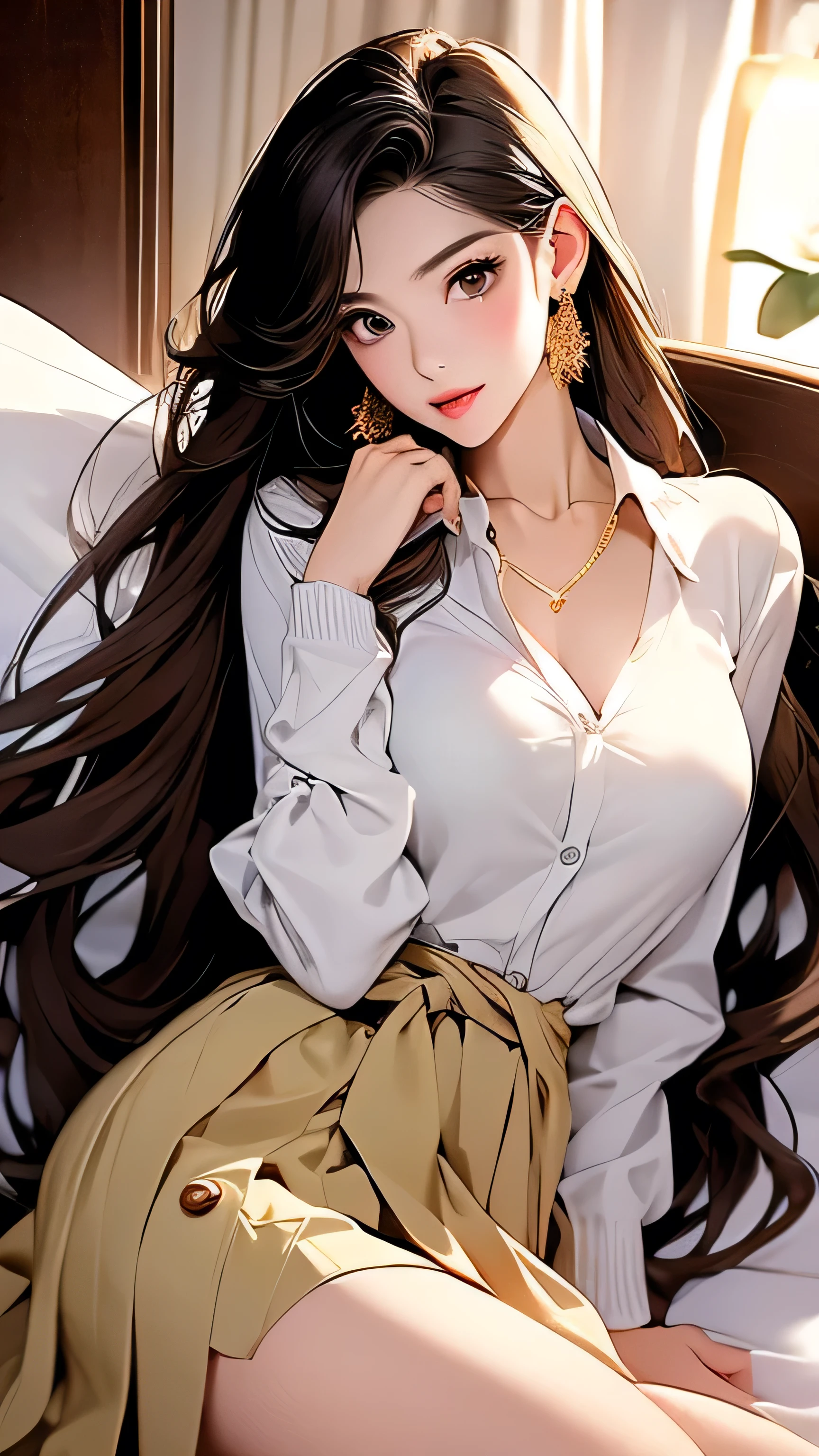 Open chest、cardigan、Laughter、room、8k、Delicate face、Detailed face、Simple Background,Long straight hair_Hair reaching down to the waist、gold necklace_Large earrings、White long sleeve button up blouse_With collar_Remove up to the second button_Brown pleated mini skirt、Place your left hand gently on your chin,right hand holding、full figure supermodel standing, entire body in frame,((Lying in a luxurious hotel bed:1.6)),((right hand touching her chest and left hand on her groin:1.3)),((chest thrusting pose, chest bragging pose,open her mouth,close her eyes:1.4)),Sleeping on your back,((Lift the skirt and hem from yourself、Sheer white panties exposed:1.6)、(())
