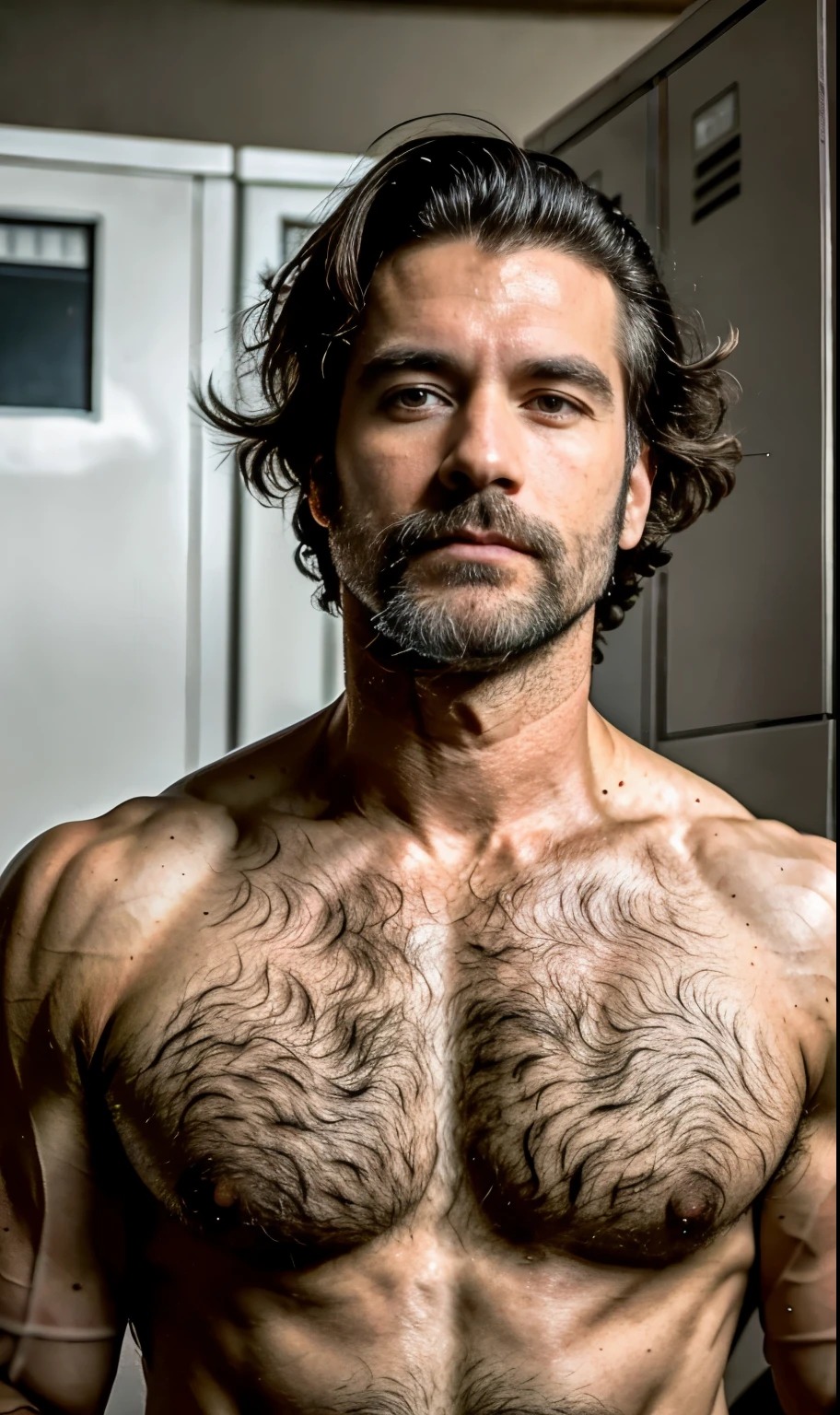 Masterpiece, amazing photography, very detailed, Two men pictured a thin man next to his sexy muscular 45-year-old teacher, white grey hair, together in the school locker room; old man grey white hair, man, is submissive, of short size, sexual tension, horny, erect bulge, without clothing, messy hair, brown skin, face, full body, body with hair on chest, thin and weak body, hairy only in lower part; on the other hand, the 45-year-old professor, muscular body, large pectorals, tall, dominant, without clothing very short and straight black hair, Caucasian or white skin, face, full body, lots and lots of hair on chest, small beard of a day, hairy in the lower part; highly detailed skin, skin pores, school clothing, sunny weather, steam, showers, 8k uhd, dslr, dim lighting, high quality, film grain