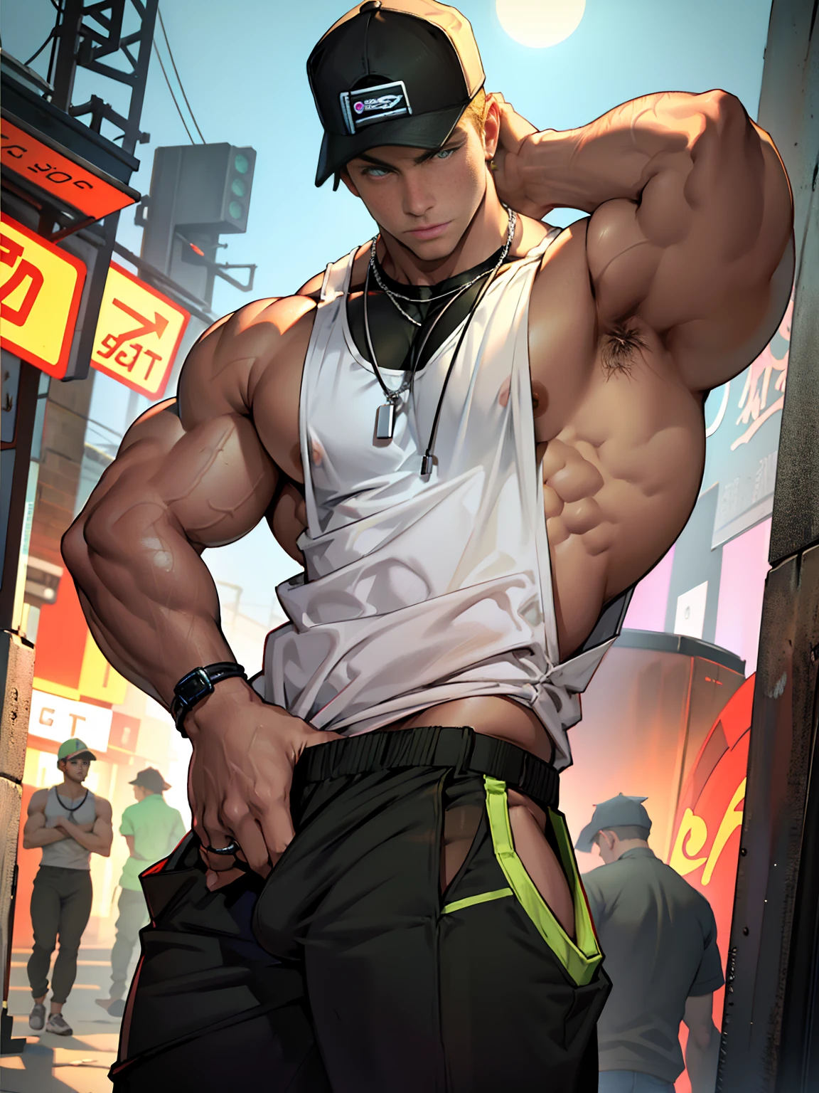 Young man, short blond hair, handsome face, tired expression, green eyes, large muscles, hyper pectoral, thick thigh, large butt. He's wearing a low-cut tank top, black pants, a backwards hat, and a silver chain around his neck, Big bulge. Scenery, party at night.