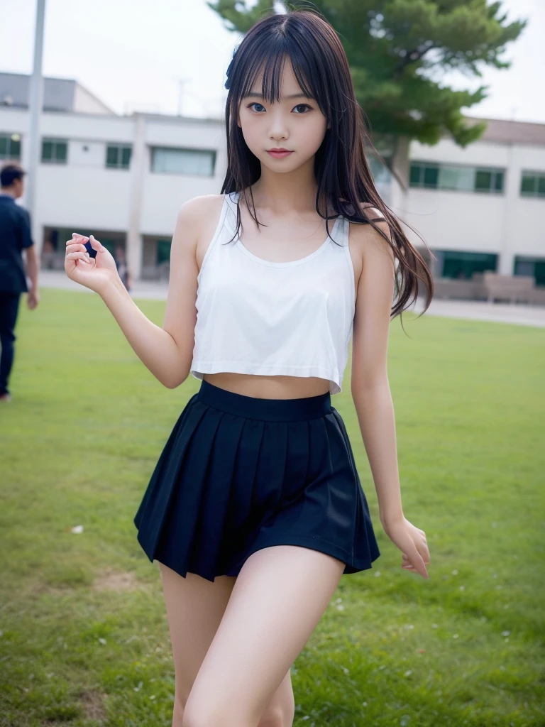 (masterpiece, highest quality:1.4), Award-winning portraits, 8k, 85mm, alone, Beautiful Face, Delicate girl,  (Cheerleader、On the grass), Sophisticated, cute, , RAW Photos, Confused, High resolution, Sharp focus, Background Blur、(((flat  、thin and delicate body、Childish atmosphere)))、shiny semi-long hair、Mole on the left cheek、 Dark blue eyes、the skirt is swaying in the wind、Hair swaying in the wind、sexy、flexible legs、naked