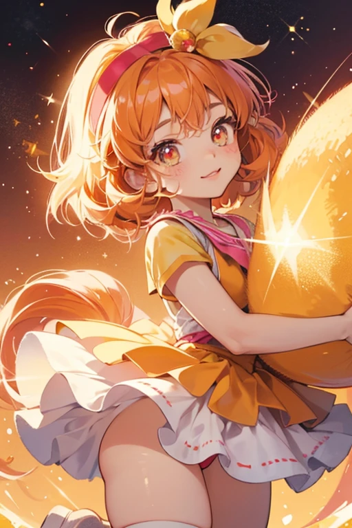 Cheertchi has a round pink body with tiny feet, and she holds two yellow pompoms. She has oval-shaped eyes with sparkles and two eyelashes, and red cheek spots. The top part of her head is orange, which could be hair or a bandana. SPARKLE; GLITTER