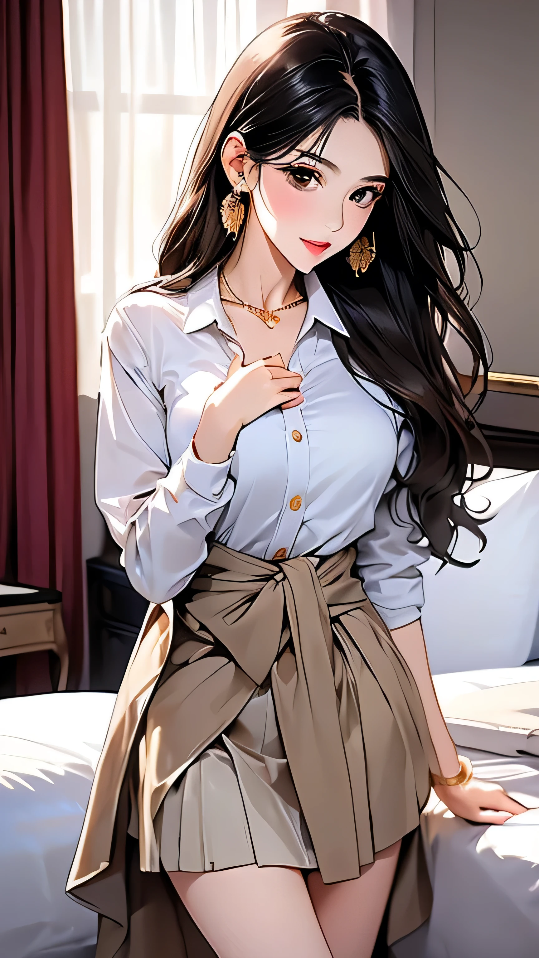 Open chest、cardigan、Laughter、room、8k、Delicate face、Detailed face、Simple Background,Long straight hair_Hair reaching down to the waist、gold necklace_Large earrings、White long sleeve button up blouse_With collar_Remove up to the second button_Brown pleated mini skirt、Place your left hand gently on your chin,right hand holding、full figure supermodel standing, entire body in frame,((Lying in a luxurious hotel bed:1.3)),((right hand touching her chest and left hand on her groin:1.3)),