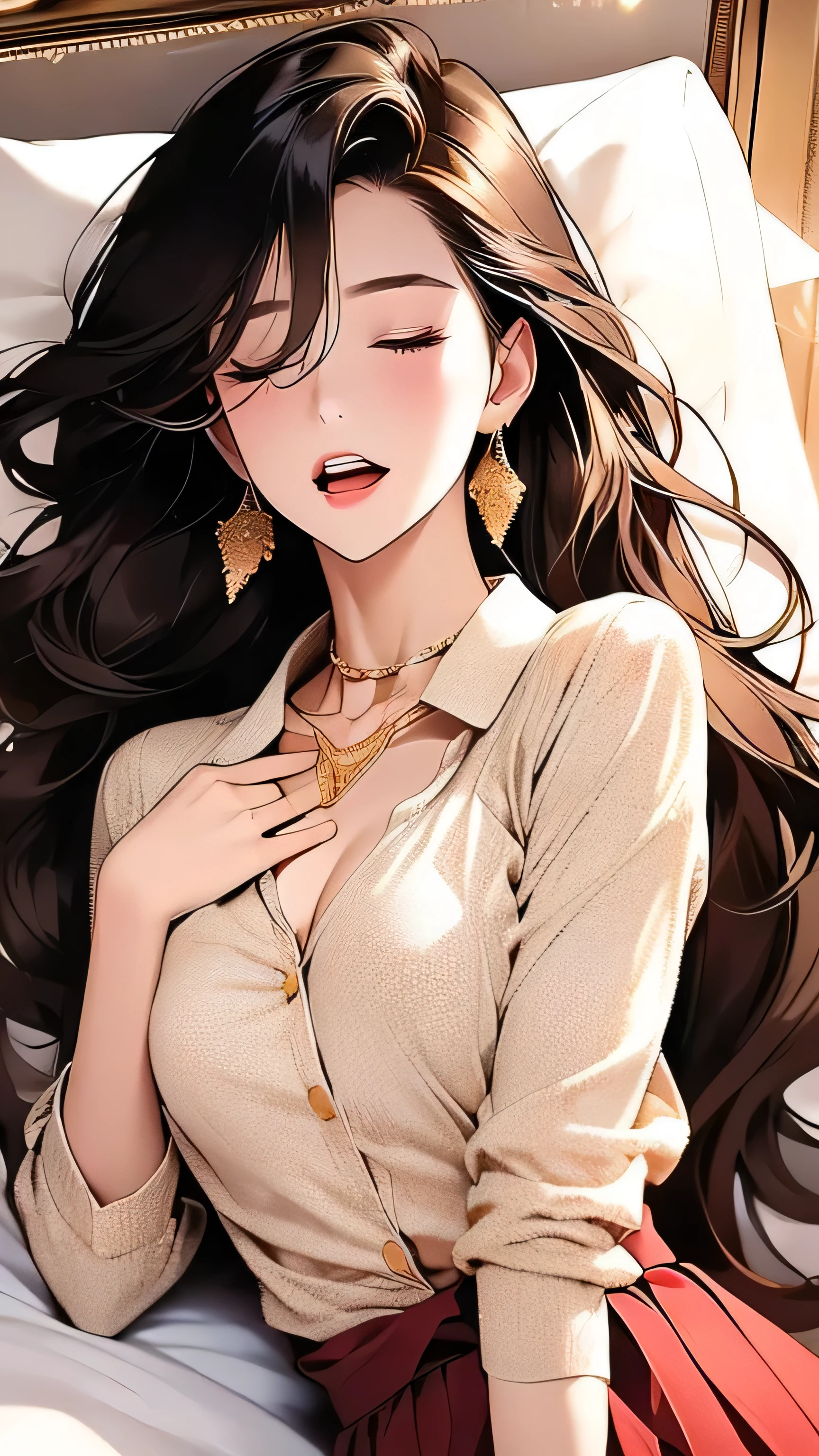 Open chest、cardigan、Laughter、room、8k、Delicate face、Detailed face、Simple Background,Long straight hair_Hair reaching down to the waist、gold necklace_Large earrings、White long sleeve on up blouse_With collar_Remove up to the second buttrown pleated mini skirt、Place your left hand gently on your chin,right hand holding、full figure supermodel standing, entire body in frame,((Lying in a luxurious hotel bed:1.6)),((right hand touching her chest and left hand on her groin:1.3)),((chest thrusting pose, chest bragging pose,open her mouth,close her eyes:1.4)),