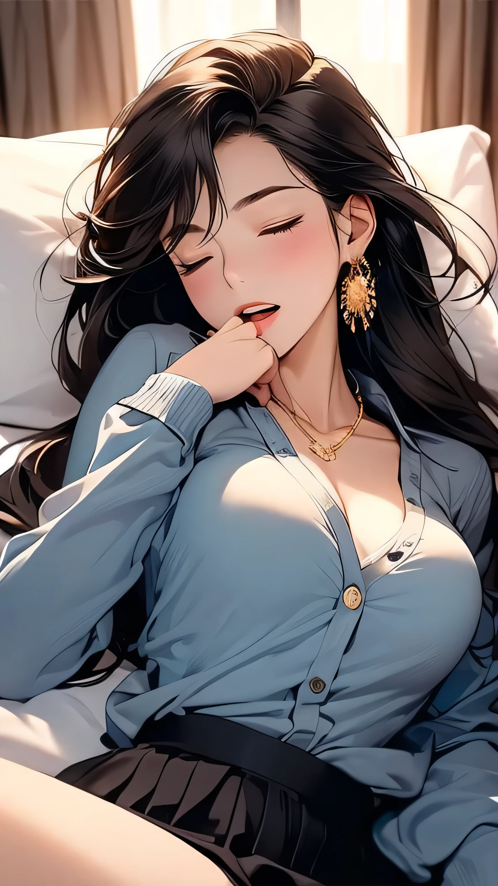 Open chest、cardigan、Laughter、room、8k、Delicate face、Detailed face、Simple Background,Long straight hair_Hair reaching down to the waist、gold necklace_Large earrings、White long sleeve button up blouse_With collar_Remove up to the second button_Brown pleated mini skirt、Place your left hand gently on your chin,right hand holding、full figure supermodel standing, entire body in frame,((Lying in a luxurious hotel bed:1.6)),((right hand touching her chest and left hand on her groin:1.3)),((chest thrusting pose, chest bragging pose,open her mouth,close her eyes:1.4)),Sleeping on your back
