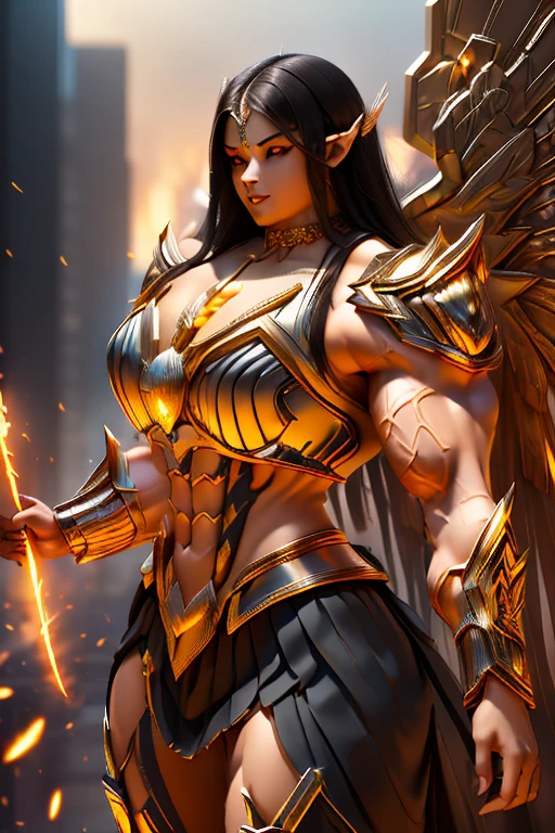 ((((Massive, beautiful, buff, light brown skinned muscular dark angel woman with black hair, black lipstick, glowing orange eyes, huge black angel wings, ginormous bulky muscles and wearing a beautiful black angel futuristic armor with pleated skirt)))), {close view}, massive muscles, massive biceps, hyper muscle shoulders, massive muscle arms, vascular shoulders, hyper muscle triceps, huge angel wings, (long straight hair), pleated skirt, orange eyes, choker, angel gauntlets, on top of a dark skyscraper in a burning City, confidant smile, hyper muscles arms, hyper muscle legs, (massive arms).