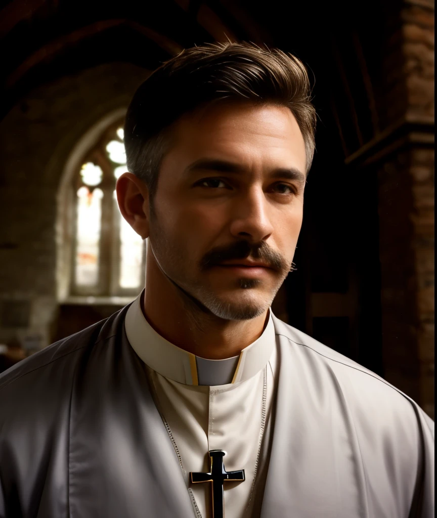 masterpiece, best quality, high resolution, closeup portrait, male focus, solo focus, A man, 45 years old, with priest uniform, priest clothes, priest father, silver grey hair, goatee moustache, messy hairstyle, cute and seductive face, bare chest, body hair, facial hair, roman nose, scruffy, hairy abs,  skinny body, hairy legs, dimples, beard, bold jawline , in the background a church back room,  view from below, amazing composition, front view, HDR, ultra quality, elegant, highly detailed, sexual tension, seductive