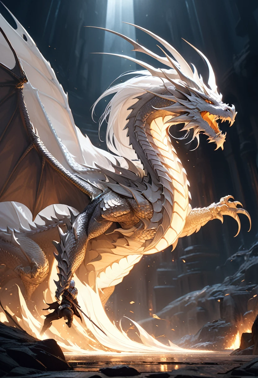 (((masterpiece, best quality, 8k)))Design a layout showcase Fantasy character, (1girl), ((mounted on a dragon)). Beautiful armor, wielding a spear, long white hair, wearing a tiara. ((detailed dragon:1.4)), white dragon, full of intricate details. (masterpiece:1.3), (best quality), 4k, ultra-detailed. (Dynamic pose, heroic stance:1.5), (dramatic lighting, atmospheric lighting). warrior, ((tiara:1.2)), (((long white hair:1.4))), spear, (((full_body_shot:1.5))). In a mystical landscape, high in the sky, with clouds and sunlight.