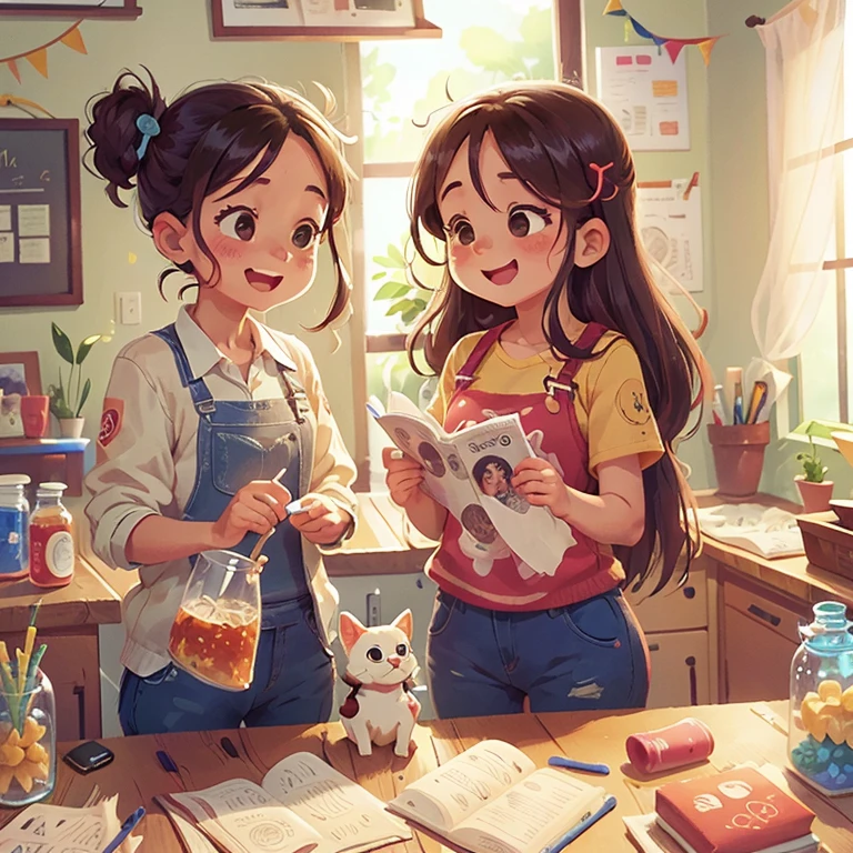 a (feliz) is helping her friend (chico) a realizar un experimento cientifico