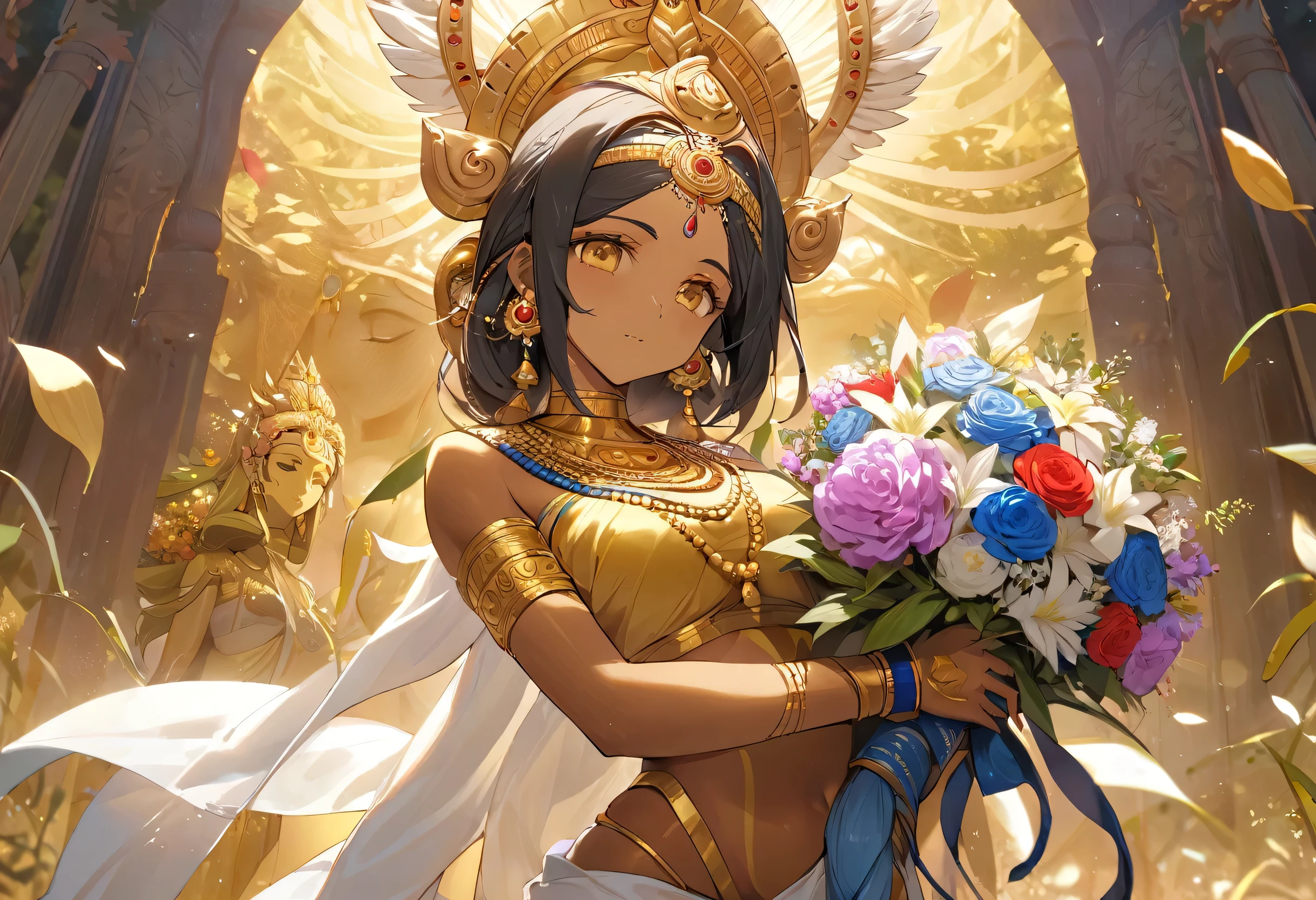 (Lord Parvati, beautiful gold skin), (she is holding a bouquet), (Goddess of Compassion), (background is nature), perfect anatomy, masterpiece, best quality, 16k, beautiful detailed grow, daydreaming expression.