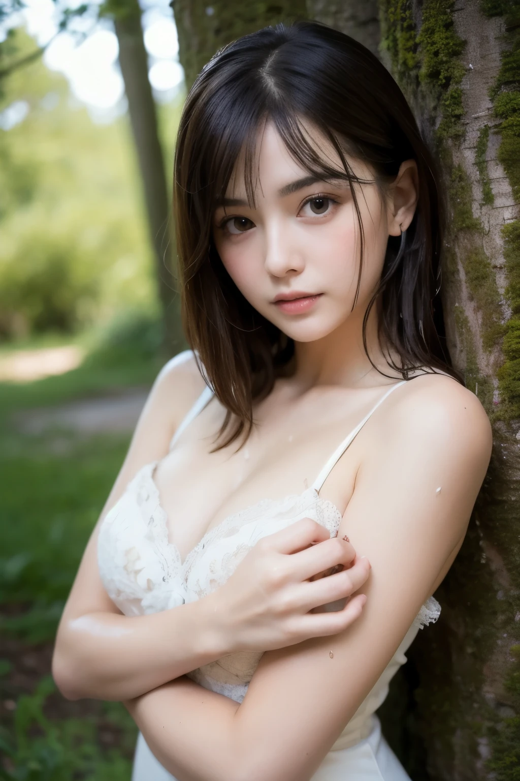 Professional Writing, (フォトReal), 8k, Raw photo, (highest quality), Real, 8k UHD, High resolution, Super Detail, High Quality Textures, Intricately crafted details, High-definition CG, beautiful girl, 18-year-old, Beautiful delicate face, Beautiful delicate eyes, one person, beautiful girl, (light makeup, Thin eyebrows, Thin eyebrows), delicate, White dress, ( race), Straight Hair, (bangs, Wet with water), Gentle expression, Thighs, Chest, relax, Soft afternoon light, High resolution画像, Sunlight filtering through the trees, Turf