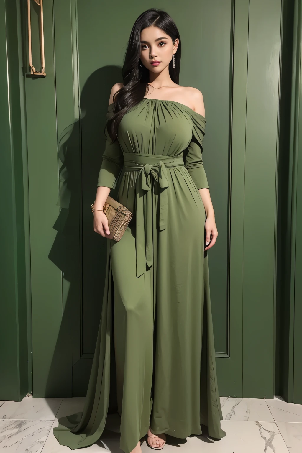 Araped woman wearing green dress and clutch bag, Full Body Green Dress, olive green, long dress, jumpsuit, long dress female, wearing a long dress, wearing long, flowing clothes, thin waist and thick hips, vivid details, pants, green clothes, waist height, Medium Poly, full-length view, Female figure wearing maxi dress