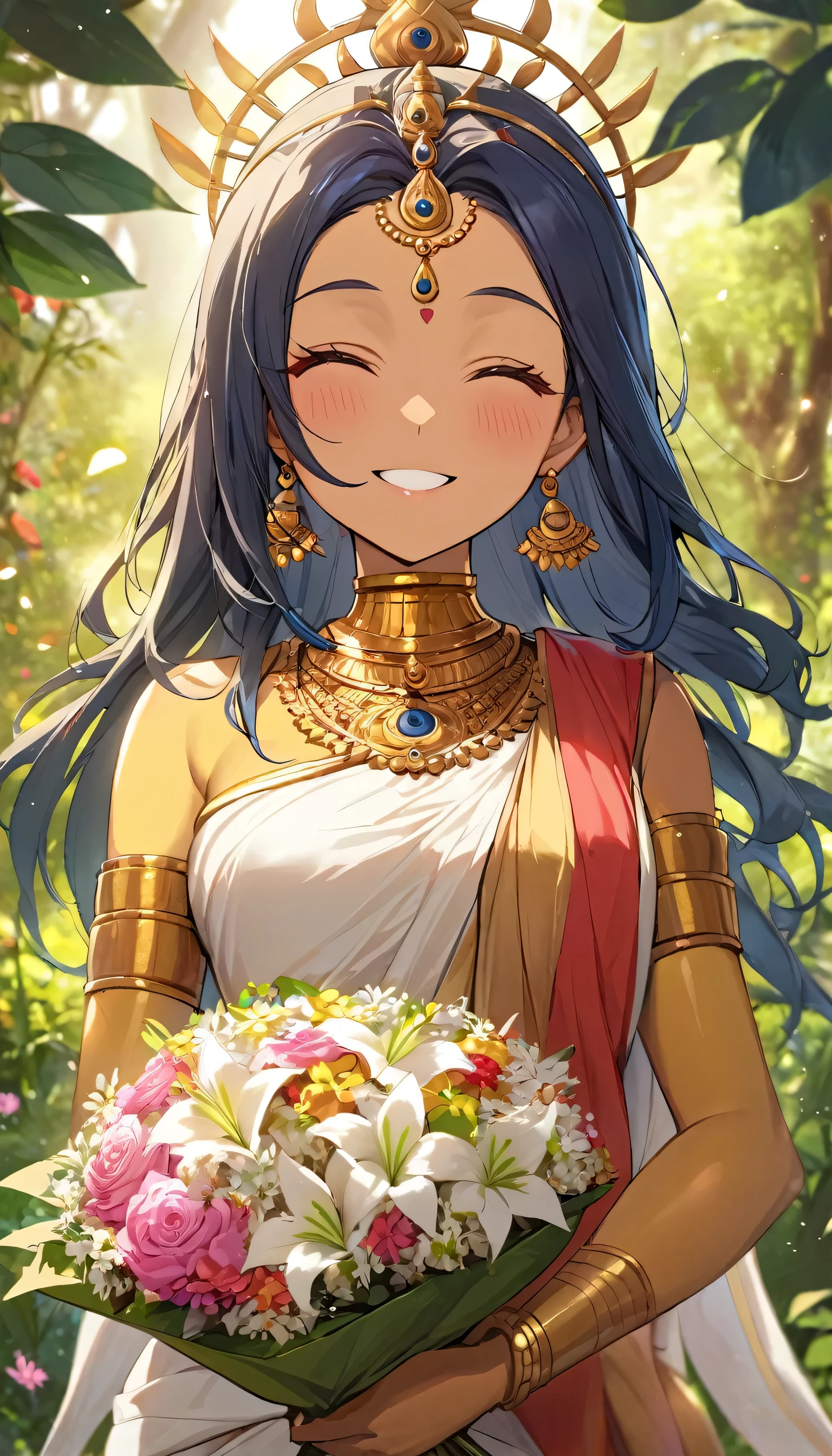 (Lord Parvati, beautiful gold skin), (she is holding a bouquet), (Goddess of Compassion), (love smile), (background is nature), perfect anatomy, masterpiece, best quality, 16k, beautiful detailed grow, daydreaming expression.