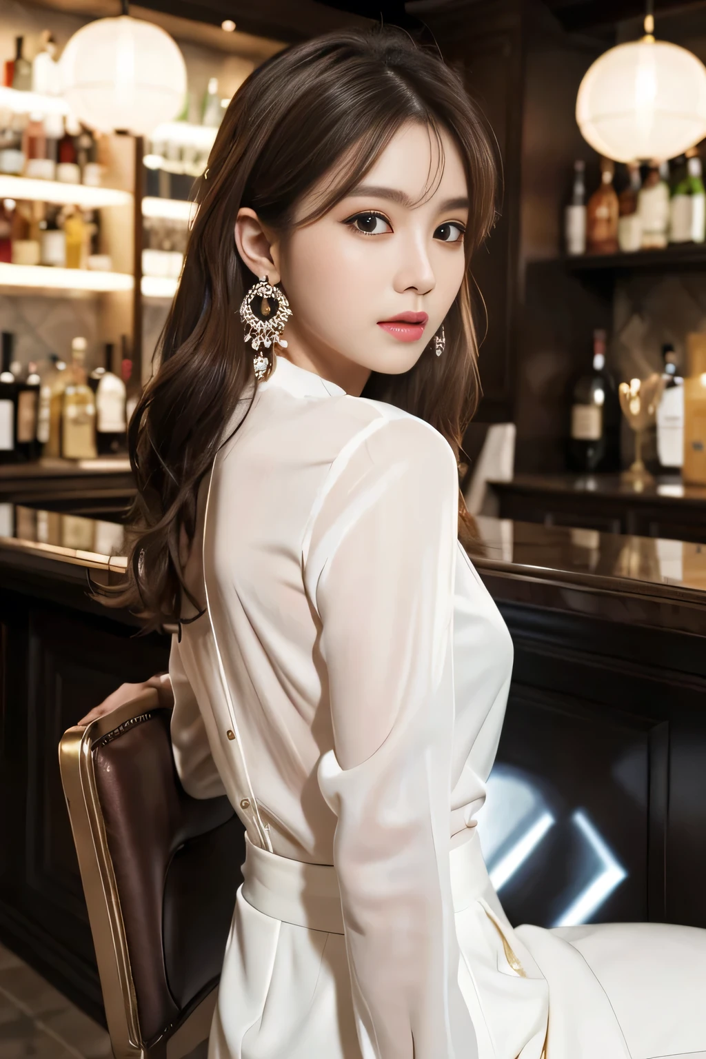masterpiece, highest quality, Realistic, Very detailed, Finer details, High resolution, 8k wallpaper, One beautiful woman, Wear an elegant white see-through blouse, A great bar counter, At night, Light brown messy hair, Perfect dynamic composition, Beautiful and beautiful eyes、Big earrings、Sitting in a chair、Back view、