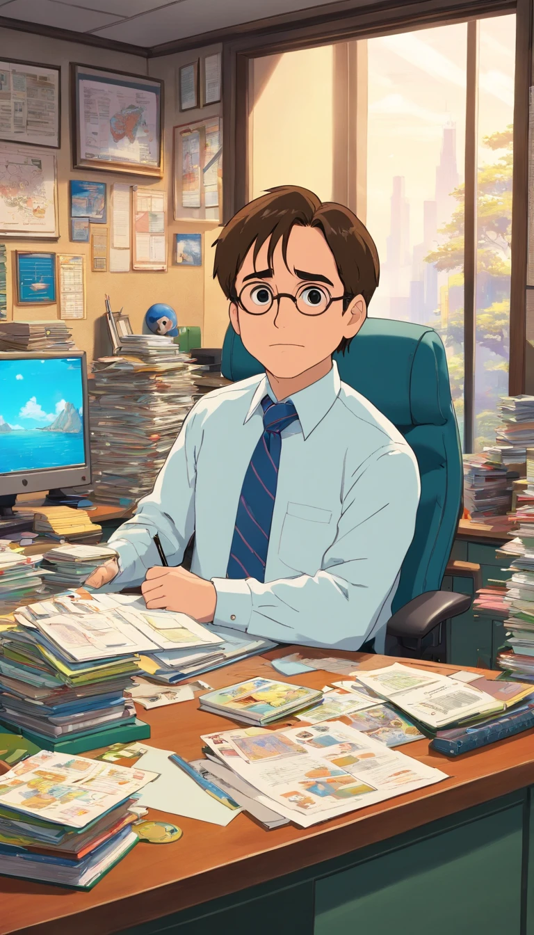 Create an image of Michael Scott sitting at his cluttered desk in his office at Dunder Mifflin. Michael is wearing a suit and tie, with a ‘World’s Best Boss’ mug in one hand and a goofy expression on his face. His office is filled with personal knick-knacks, awards, and motivational posters. The window behind him shows the main office space where other employees are working at their desks. The overall atmosphere is quirky and chaotic.