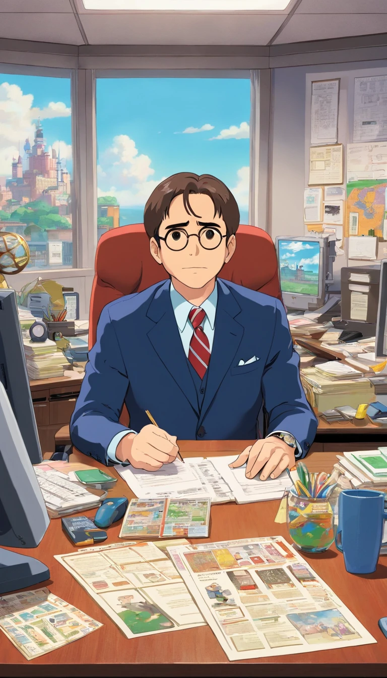Create an image of Michael Scott sitting at his cluttered desk in his office at Dunder Mifflin. Michael is wearing a suit and tie, with a ‘World’s Best Boss’ mug in one hand and a goofy expression on his face. His office is filled with personal knick-knacks, awards, and motivational posters. The window behind him shows the main office space where other employees are working at their desks. The overall atmosphere is quirky and chaotic.