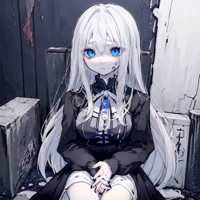 1 girl、Mature、Ample breasts、White Hair、Long Hair、Blue Eyes、Sharp Eyes、Sad face、Blood splatter、Bloody Hands、Sit down、stare at hands、Black clothes、Despair