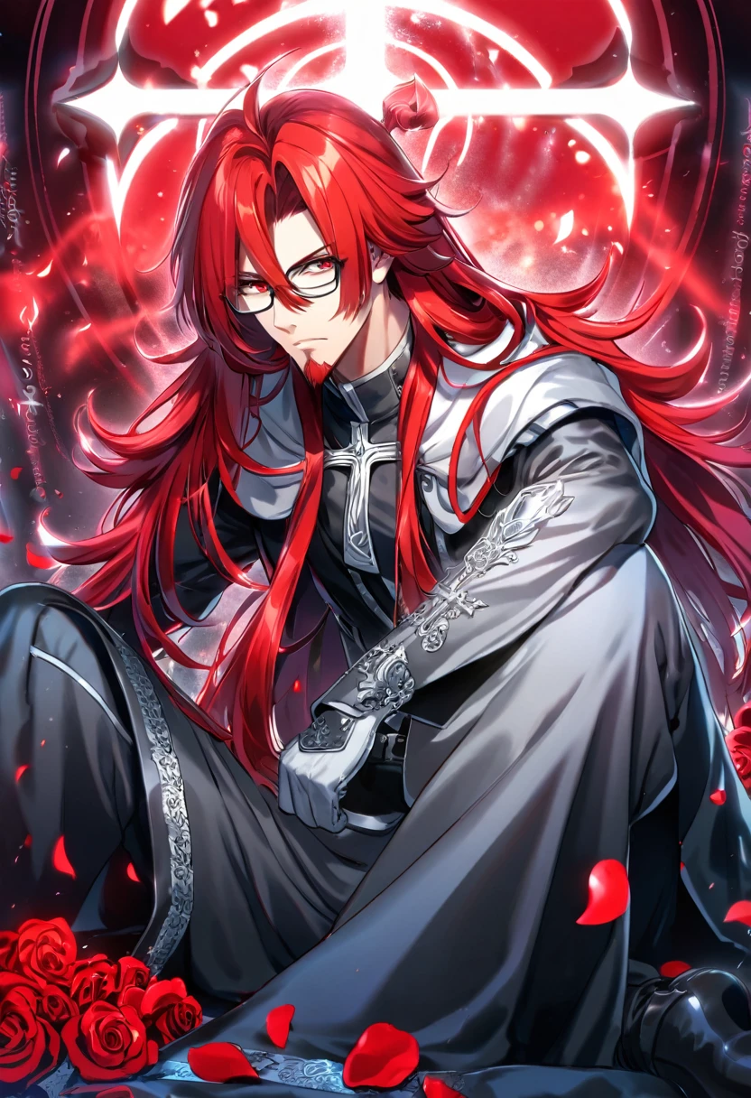 absurdres, highres, ultra detailed, HDR, master piece, best quality, Marian Cross, red long hair, hair between the eyes, with bangs, expressive red eyes, D.Gray-man, glasses, goatee colored red, solo, sexy man, handsome, sitting, black clothes, magical, fantasy, red background, red roses, shining, red petals, red glittering fireflies